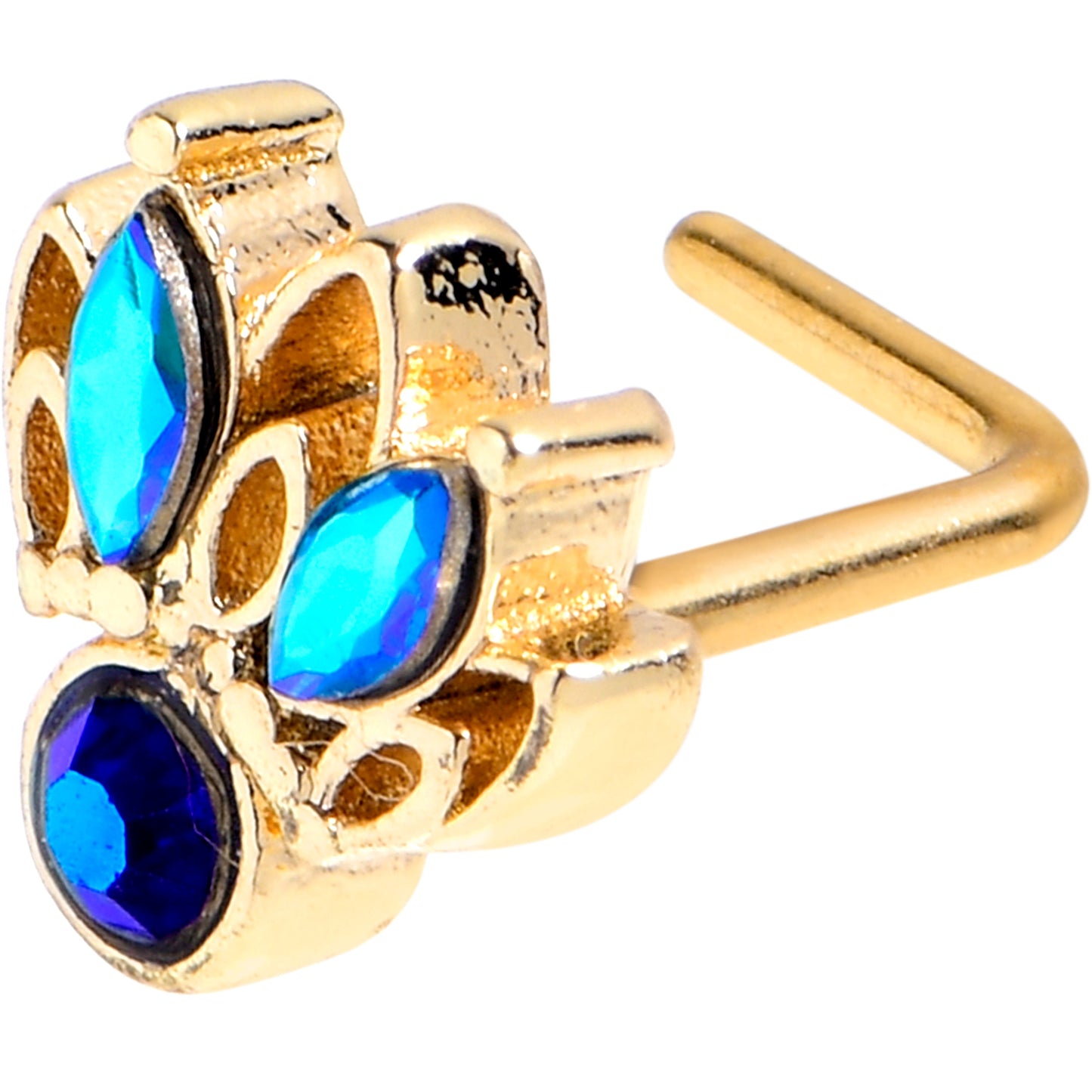 20G 7mm Blue Gem Gold Tone Filigree Tiara L Shape Nose Ring