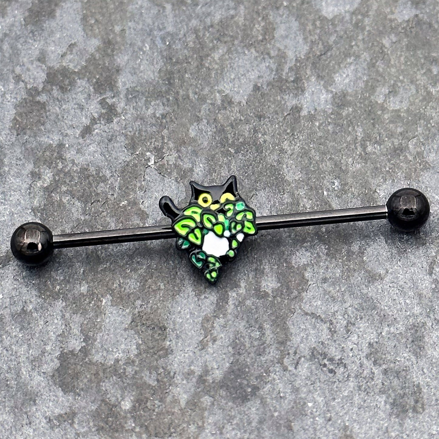 14G Black Pouncing Cat Industrial Barbell 38mm