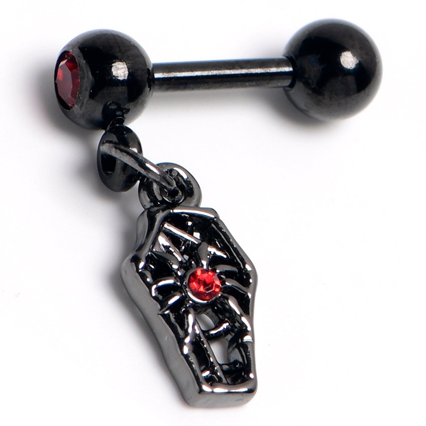 16G 1/4 Red Gem Spider Coffin Dangle Cartilage Earring