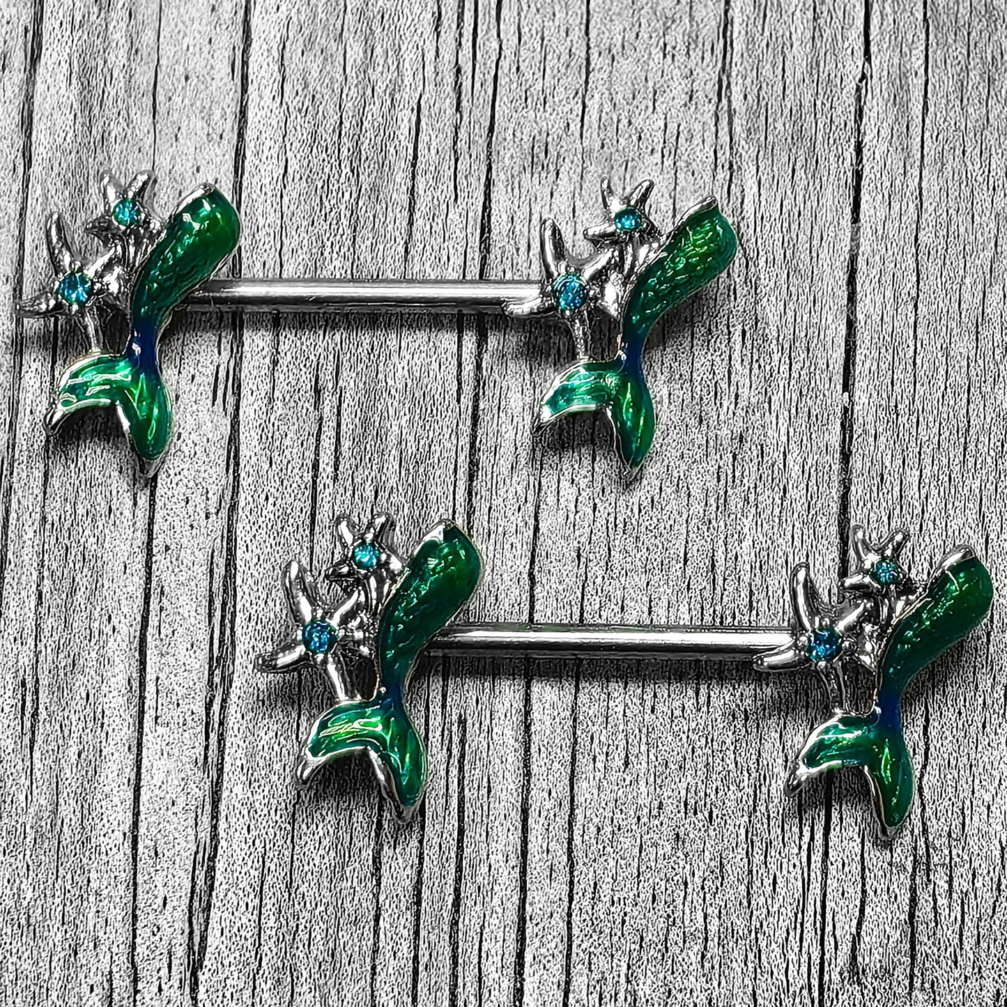 14G 9/16 Green Gem Blue Mermaid Tail Stars Barbell Nipple Ring Set