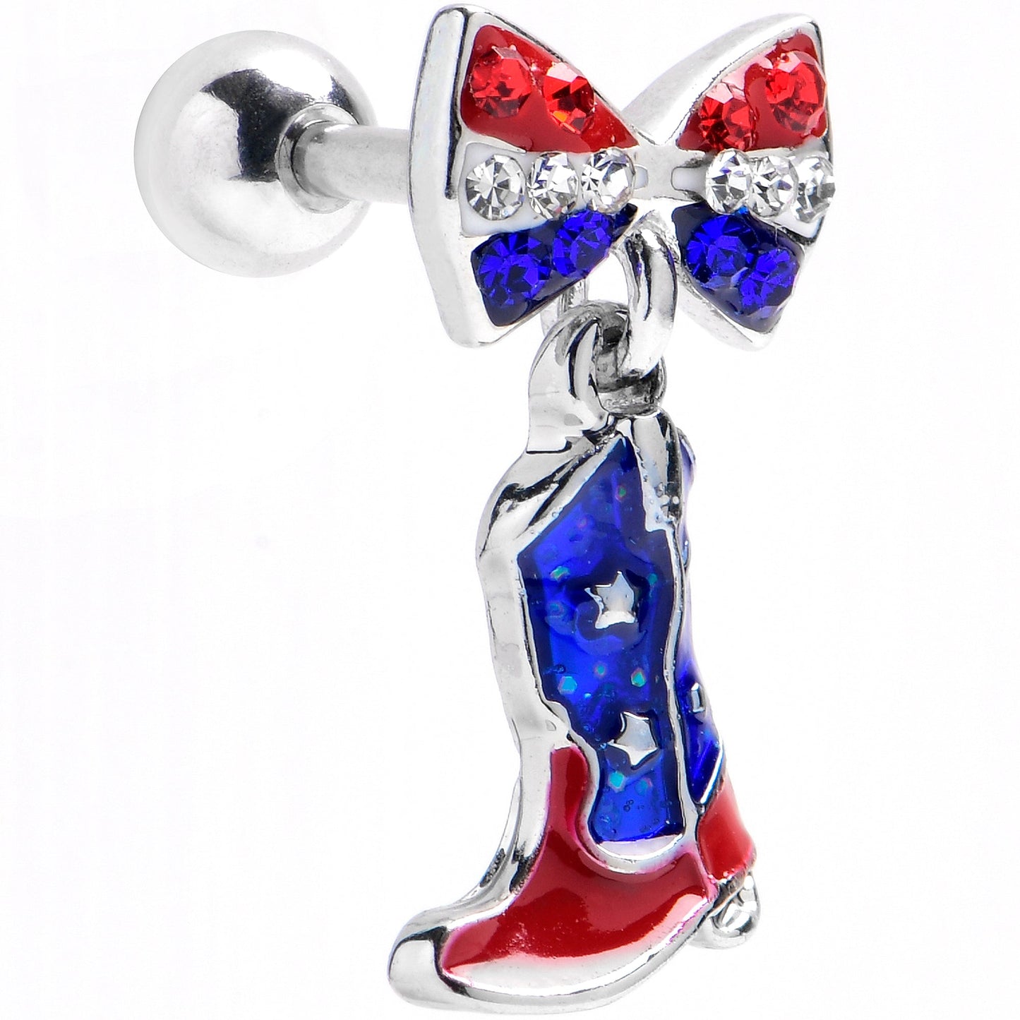 16G 1/4 Red Blue Gem Cowboy Boot Patriot Dangle Cartilage Earring