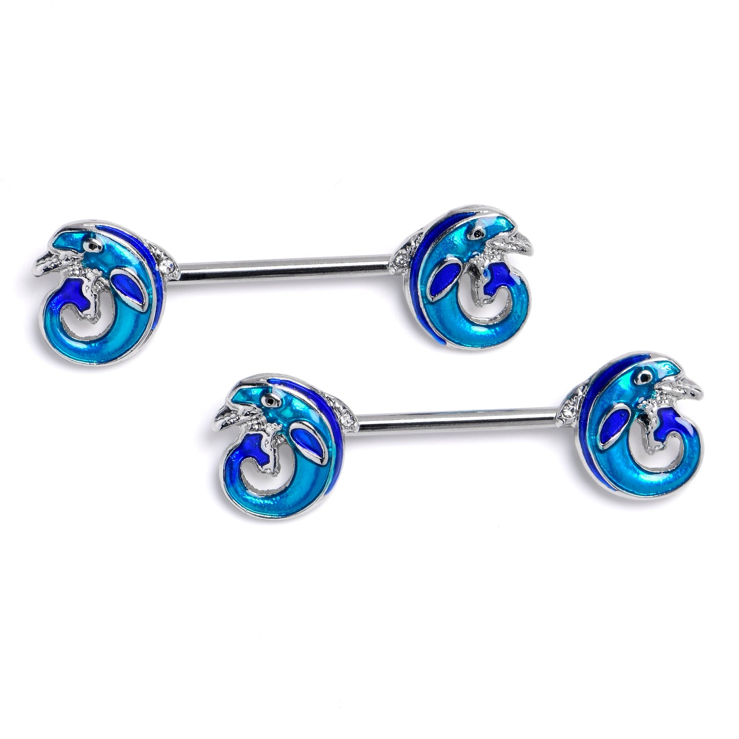 14G 9/16 Dolphin Blue Beauty Barbell Nipple Ring Set