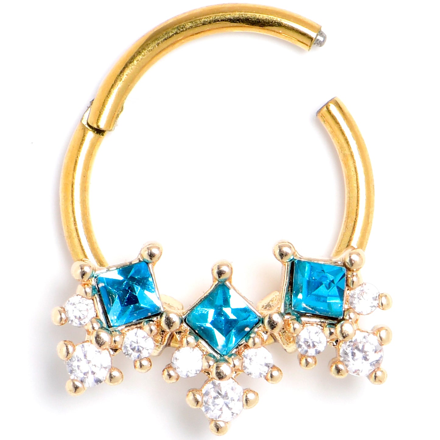 16G 3/8 Blue CZ Gem Gold Tone Rhombus Riot Hinged Segment Ring