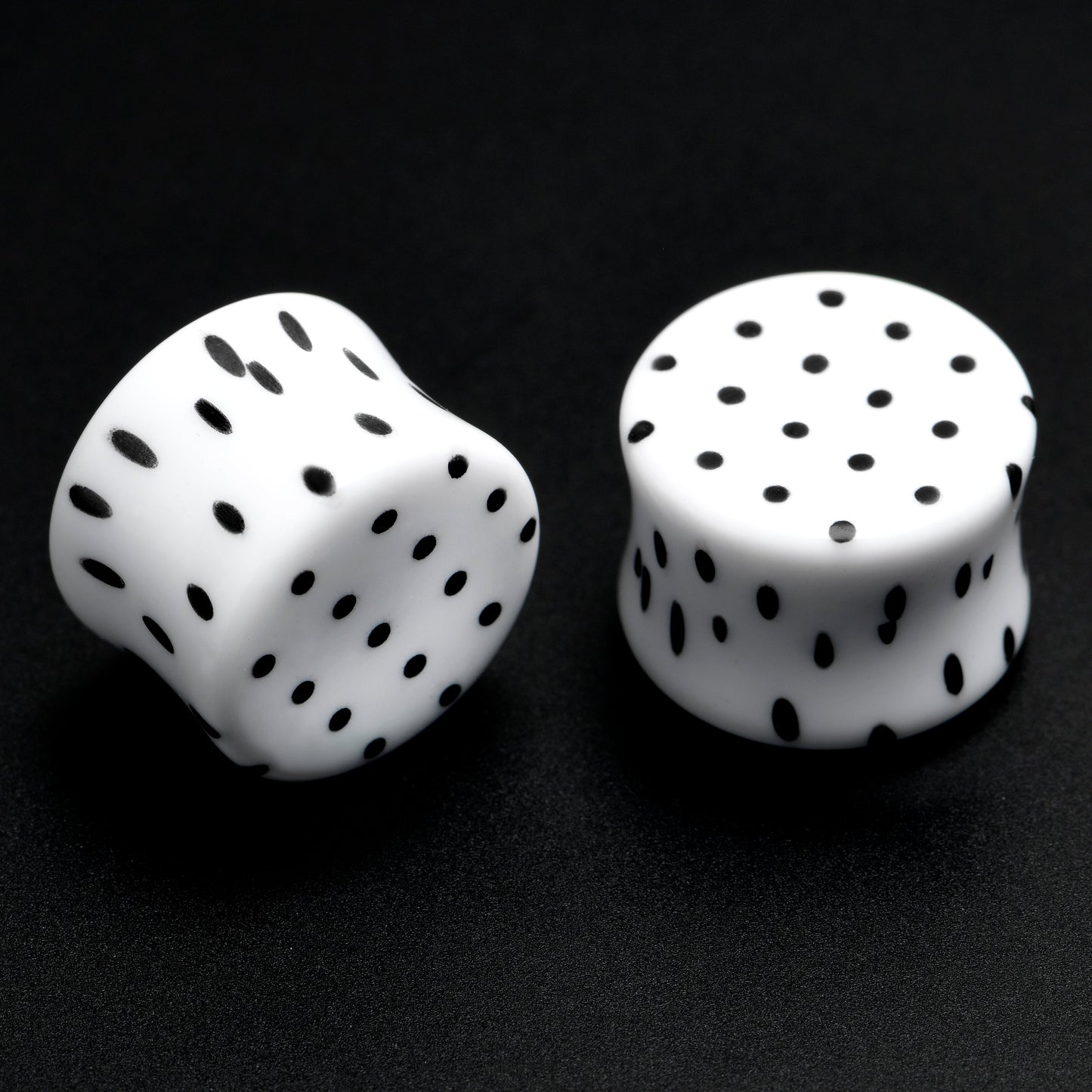White Acrylic Retro Dots Black Double Flare Plug Set 6mm to 20mm Sizes
