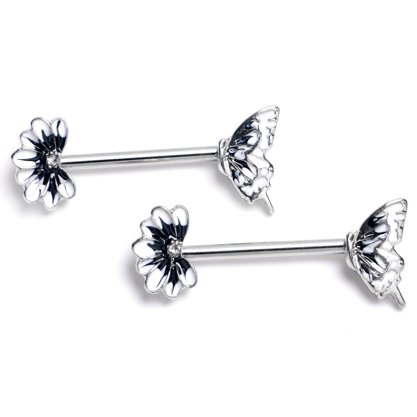 14G 9/16 Clear CZ Gem Butterfly Blossom Black Barbell Nipple Ring Set