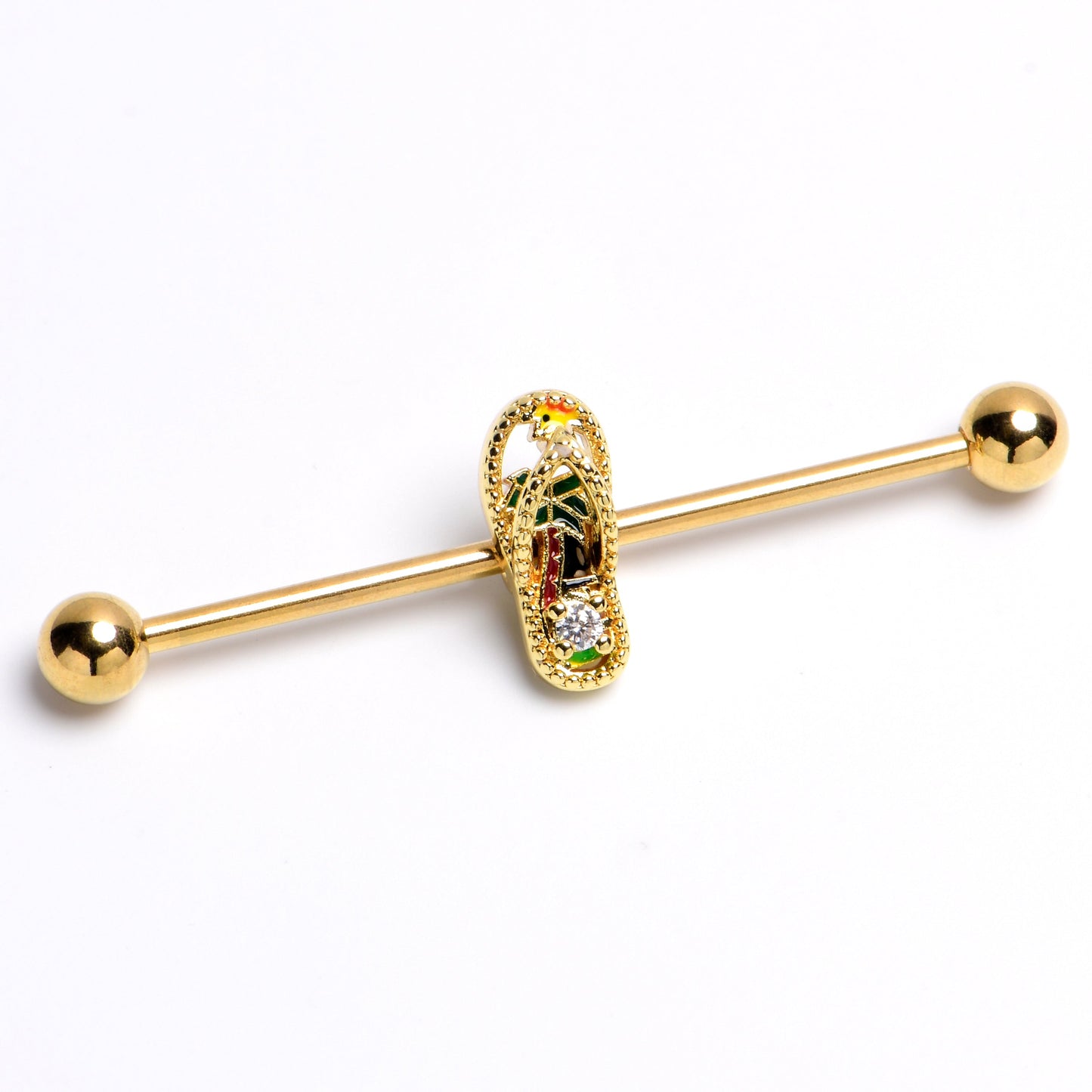 14G Clear Gem Gold Tone Beach Sandal Industrial Barbell 38mm
