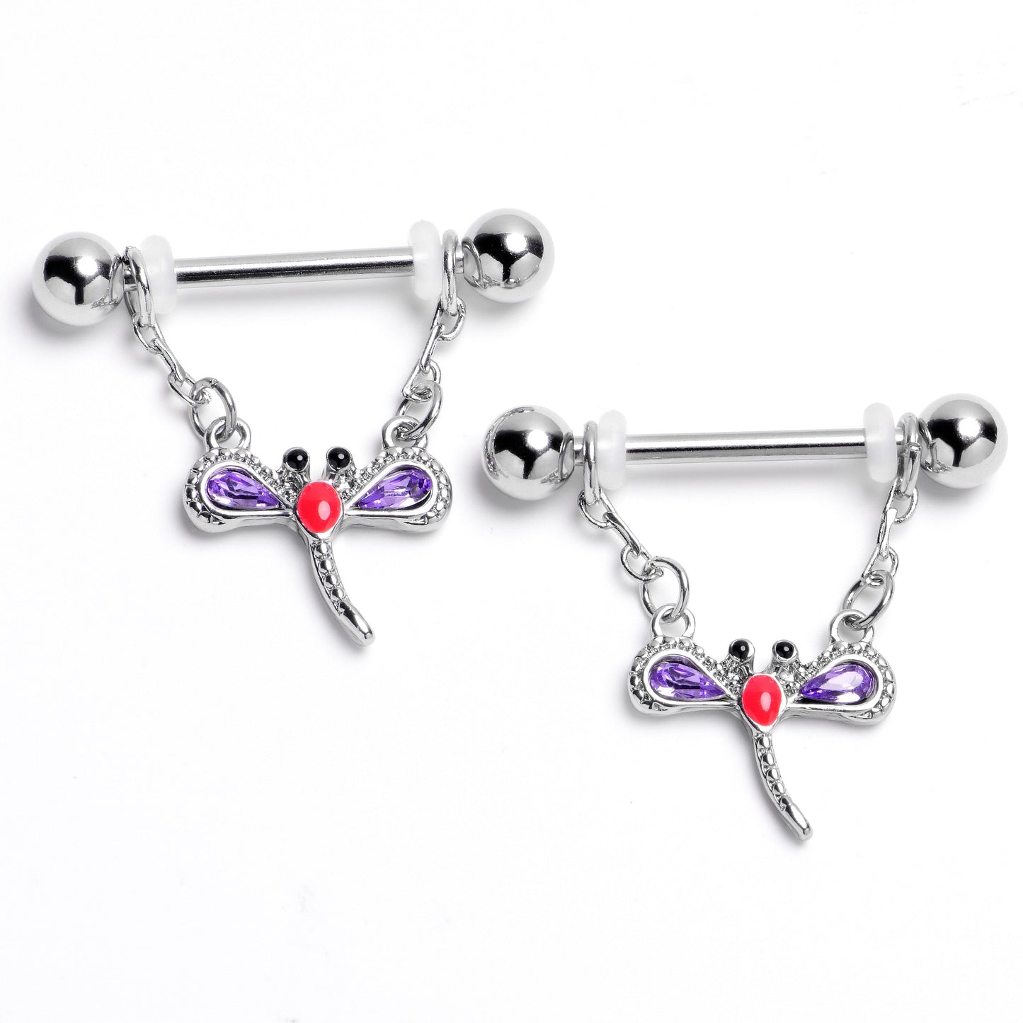 14G 9/16 Purple Gem Embellished Dragonfly Dangle Nipple Ring Set