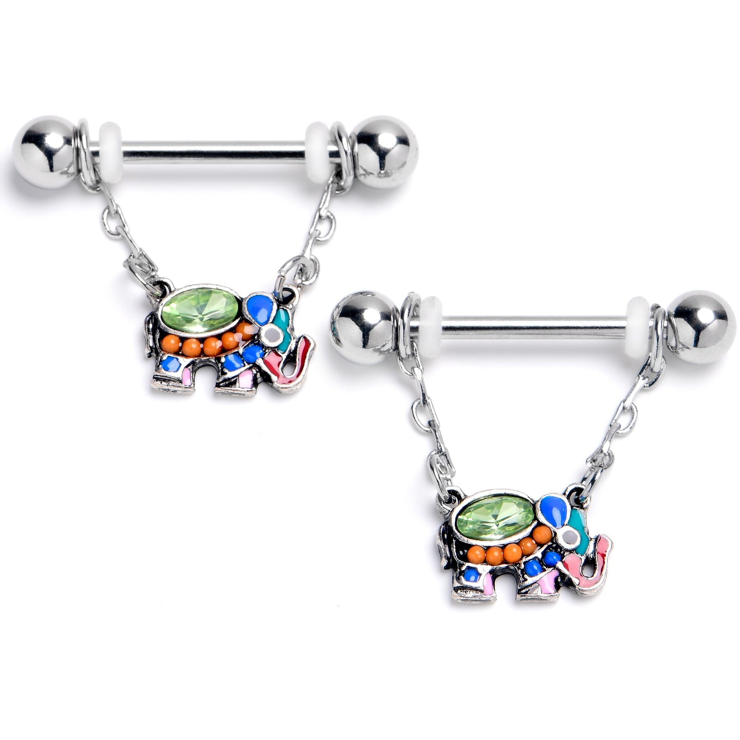 14G 9/16 Green Gem Colorful Elephant Dangle Nipple Ring Set