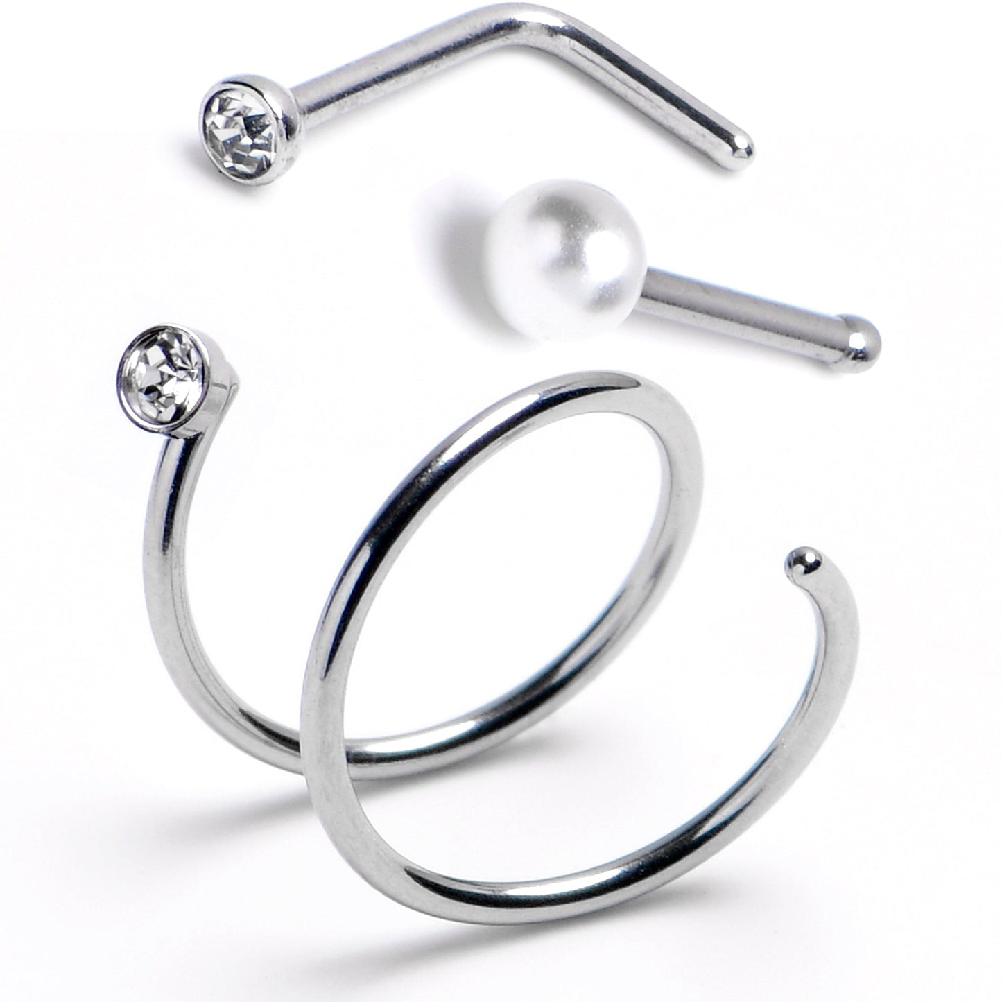 20G L-Shape Faux Pearl Nose Bone Gem Twister Double Nose Hoop Ring 3 Pack