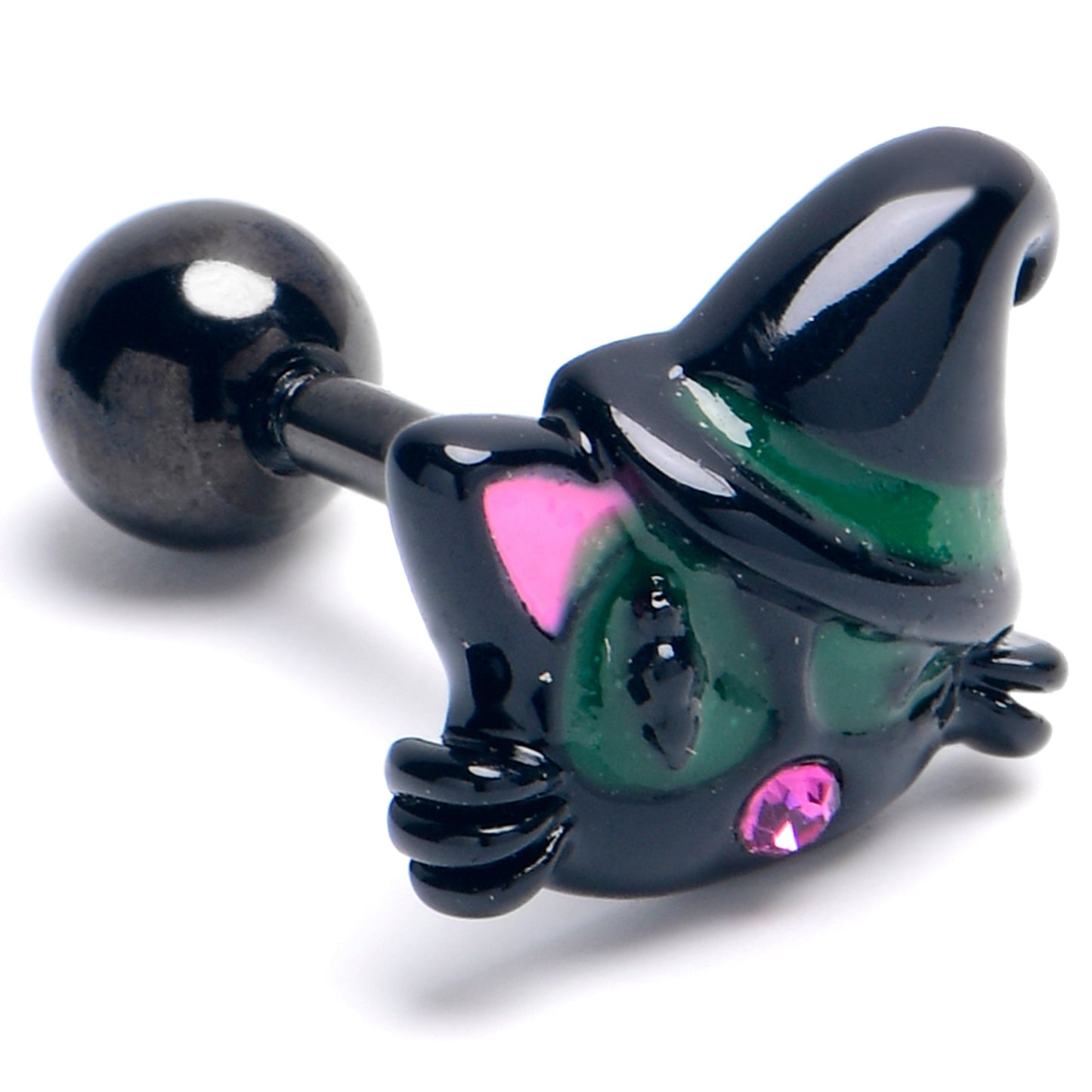 16G 1/4 Pink Gem Black Halloween Hat Cat Cartilage Tragus Earring