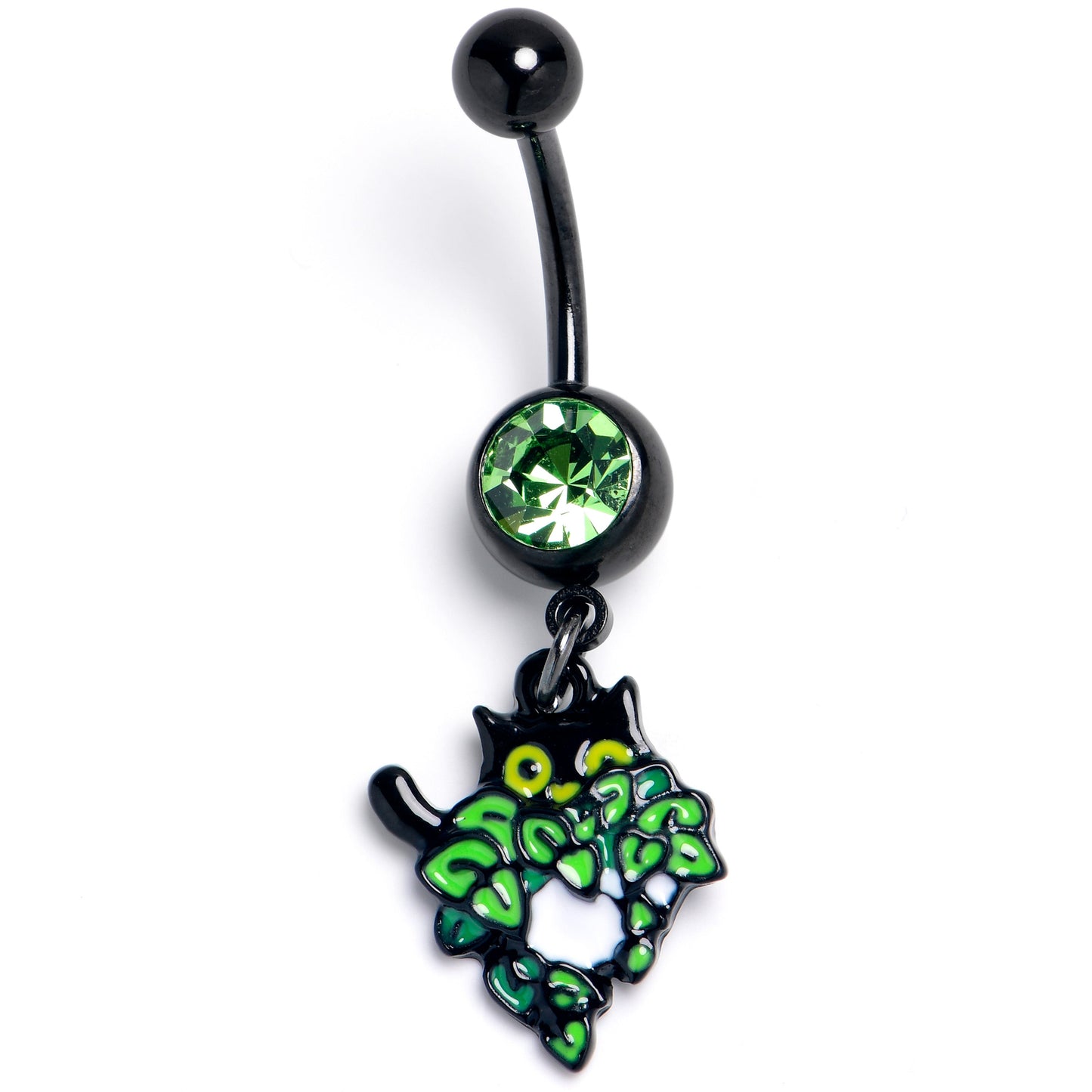 Green Gem Black Pouncing Cat Dangle Belly Ring