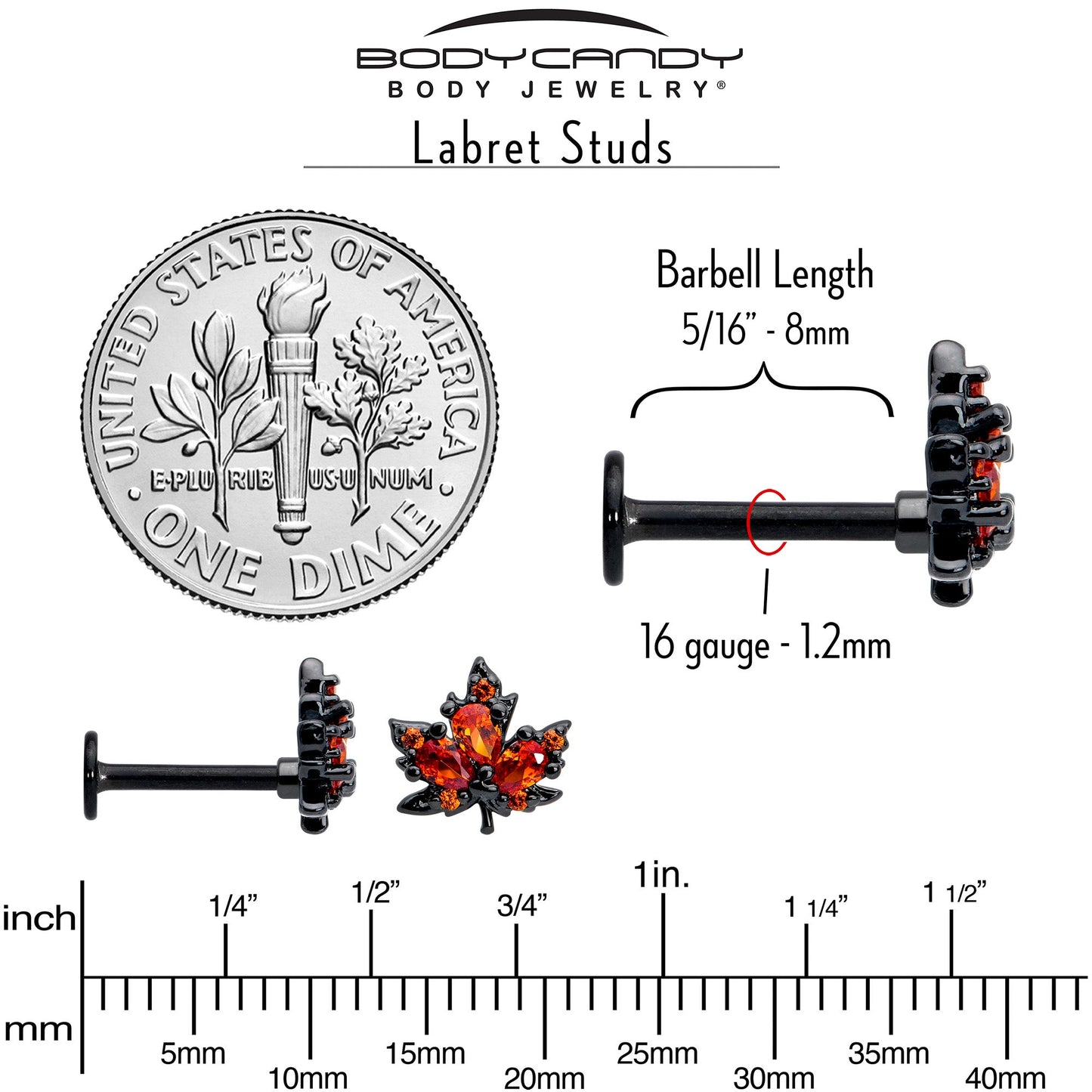 16G Orange CZ Gem Black Autumn Leaf Flat Back Earring