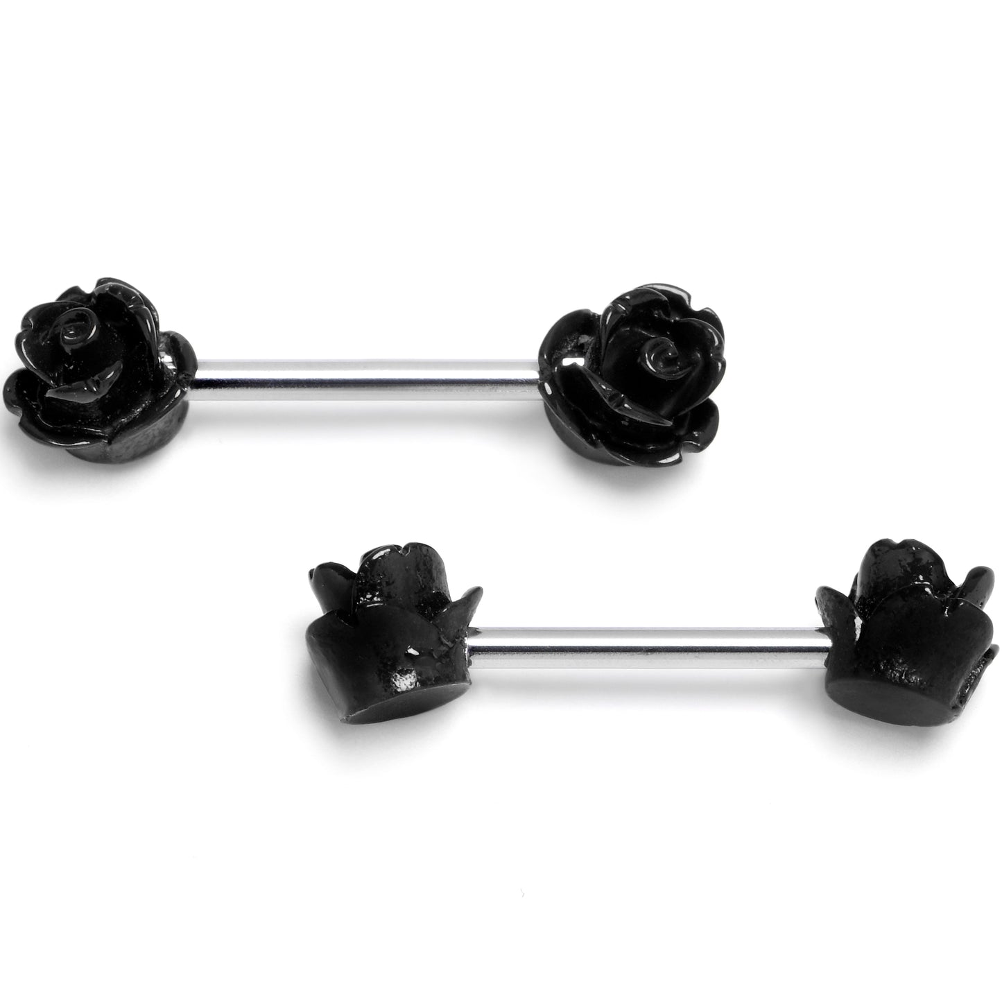 14G 1/2 Open Bloom Rose Black Barbell Nipple Ring Set