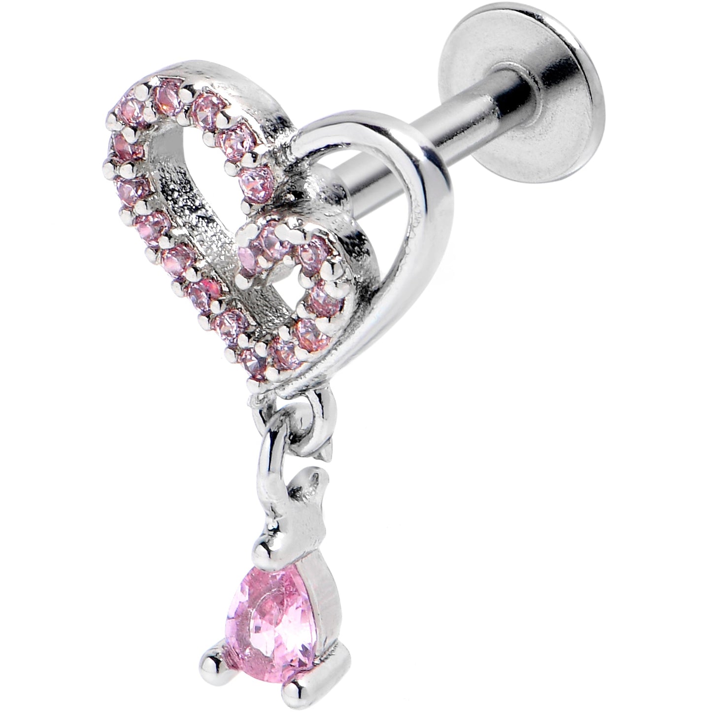 16G 5/16 Pink CZ Gem Asymmetrical Heart Dangle Labret Tragus