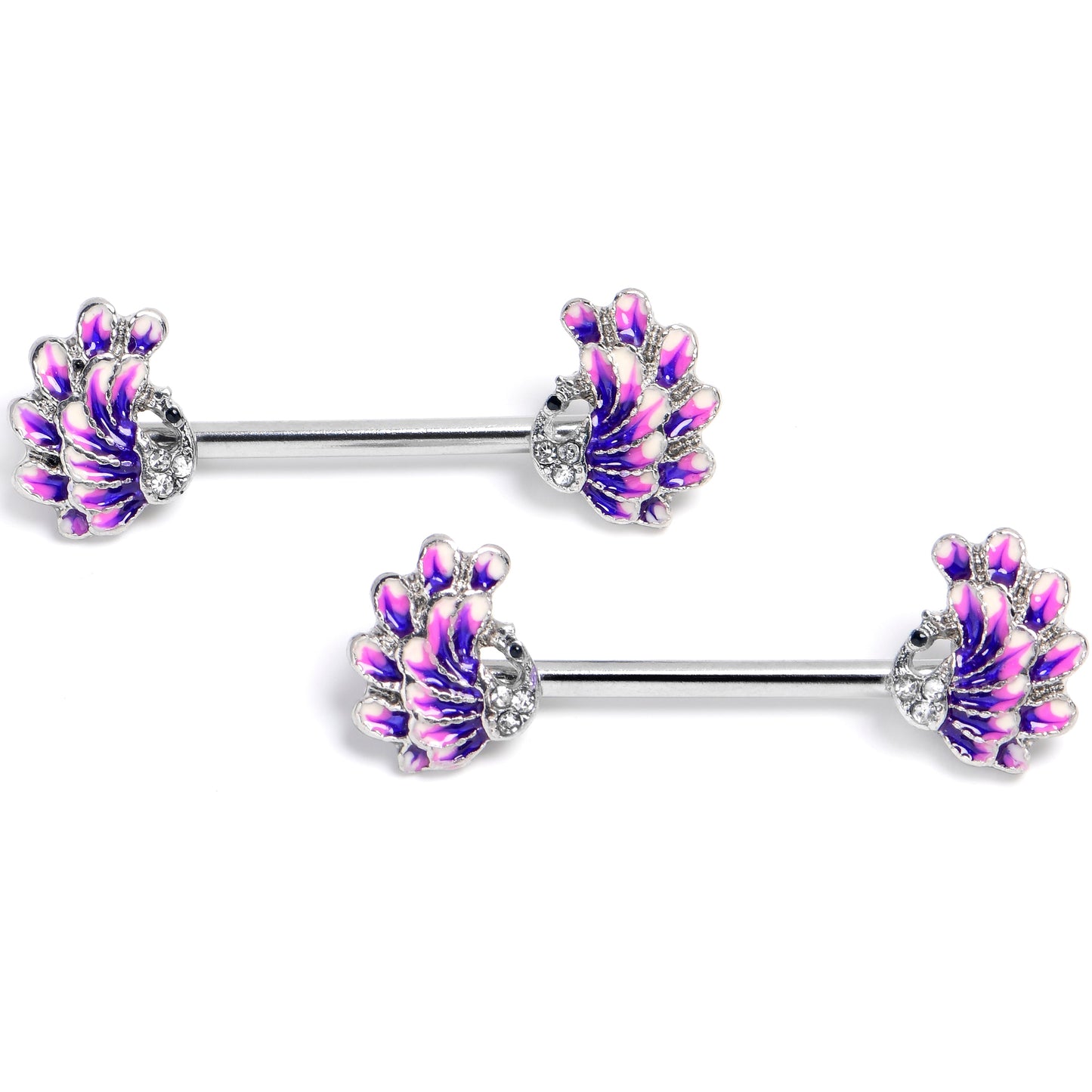 14G 9/16 Clear Gem Peacock Purple Barbell Nipple Ring Set