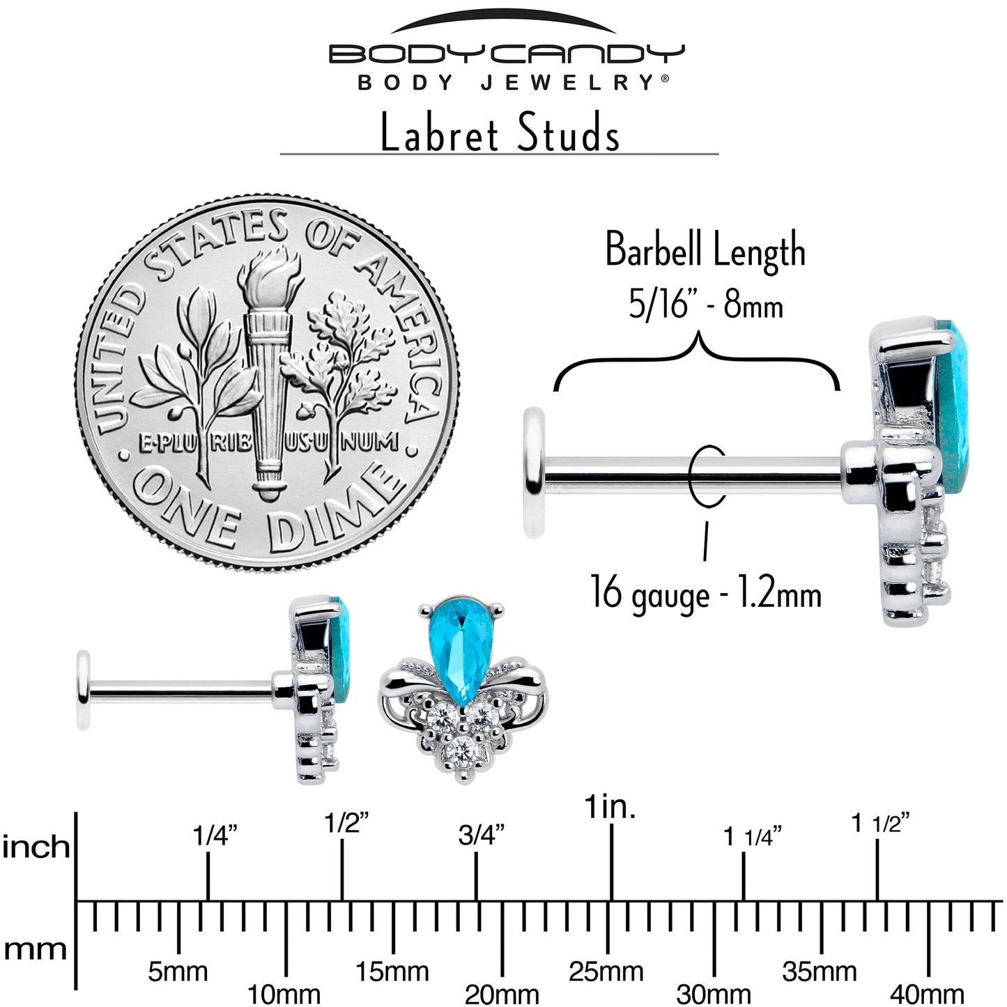 16G 5/16 Blue Gem Style Simplicity Labret Monroe Tragus