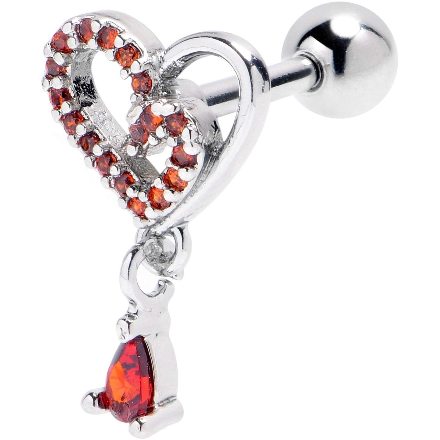 16G 1/4 Red CZ Gem Asymmetrical Heart Dangle Cartilage Earring