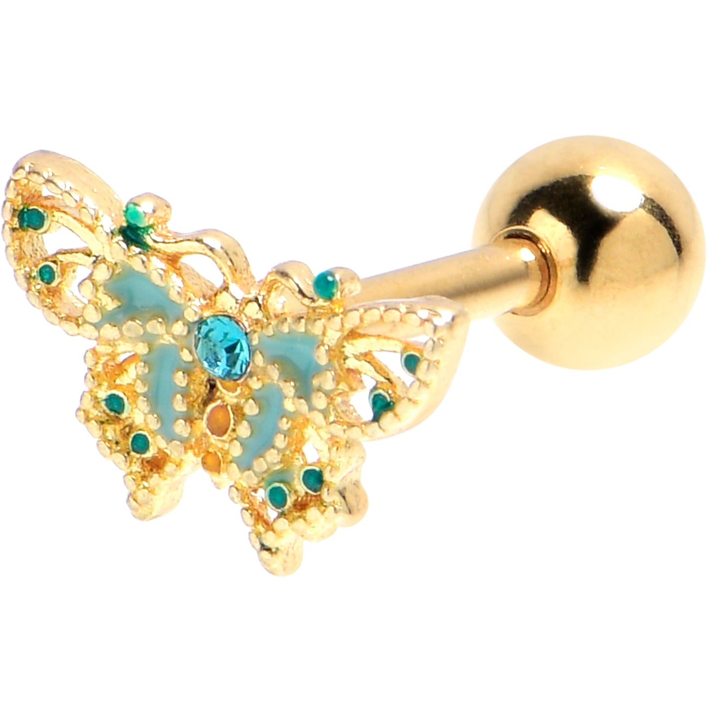 16G 1/4 Blue Gem Gold Tone Ribbon Butterfly Cartilage Earring