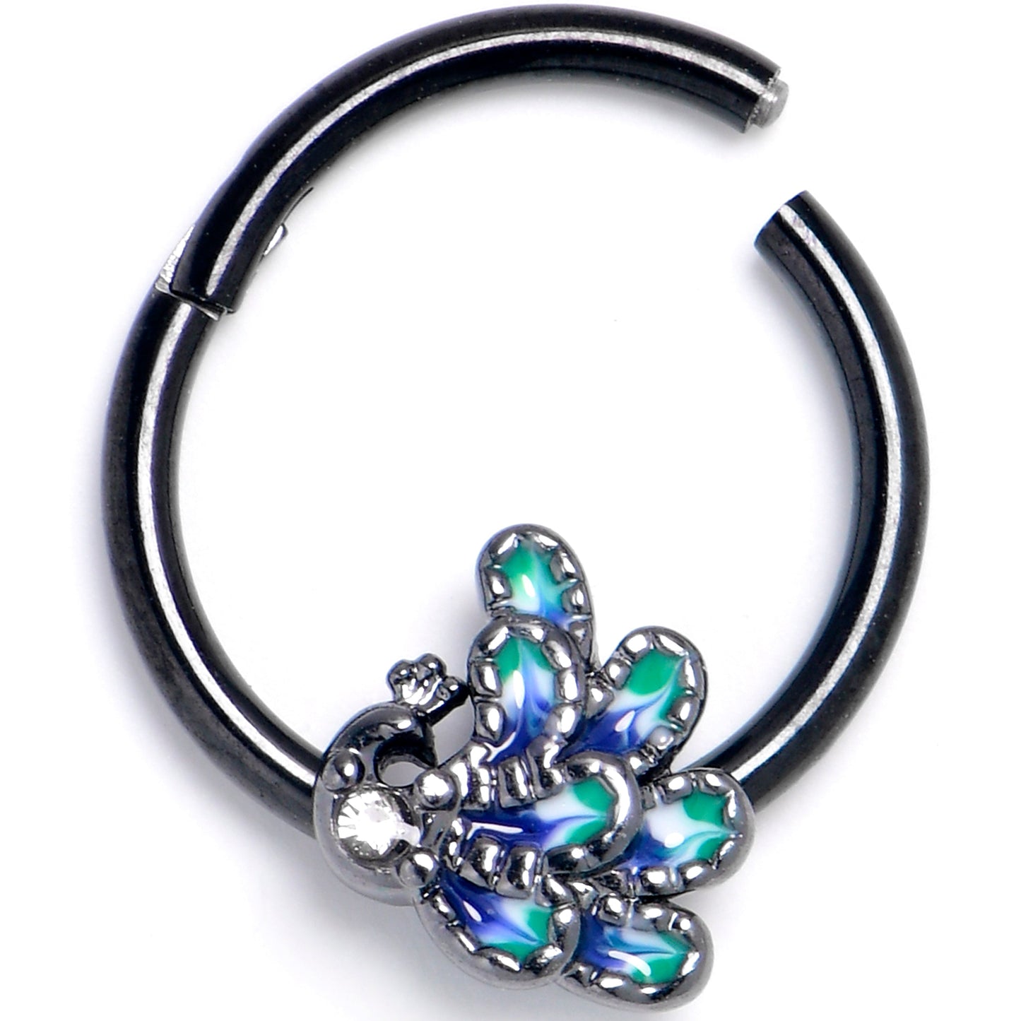 16G 3/8 Clear Gem Black Peacock Green Hinged Segment Ring