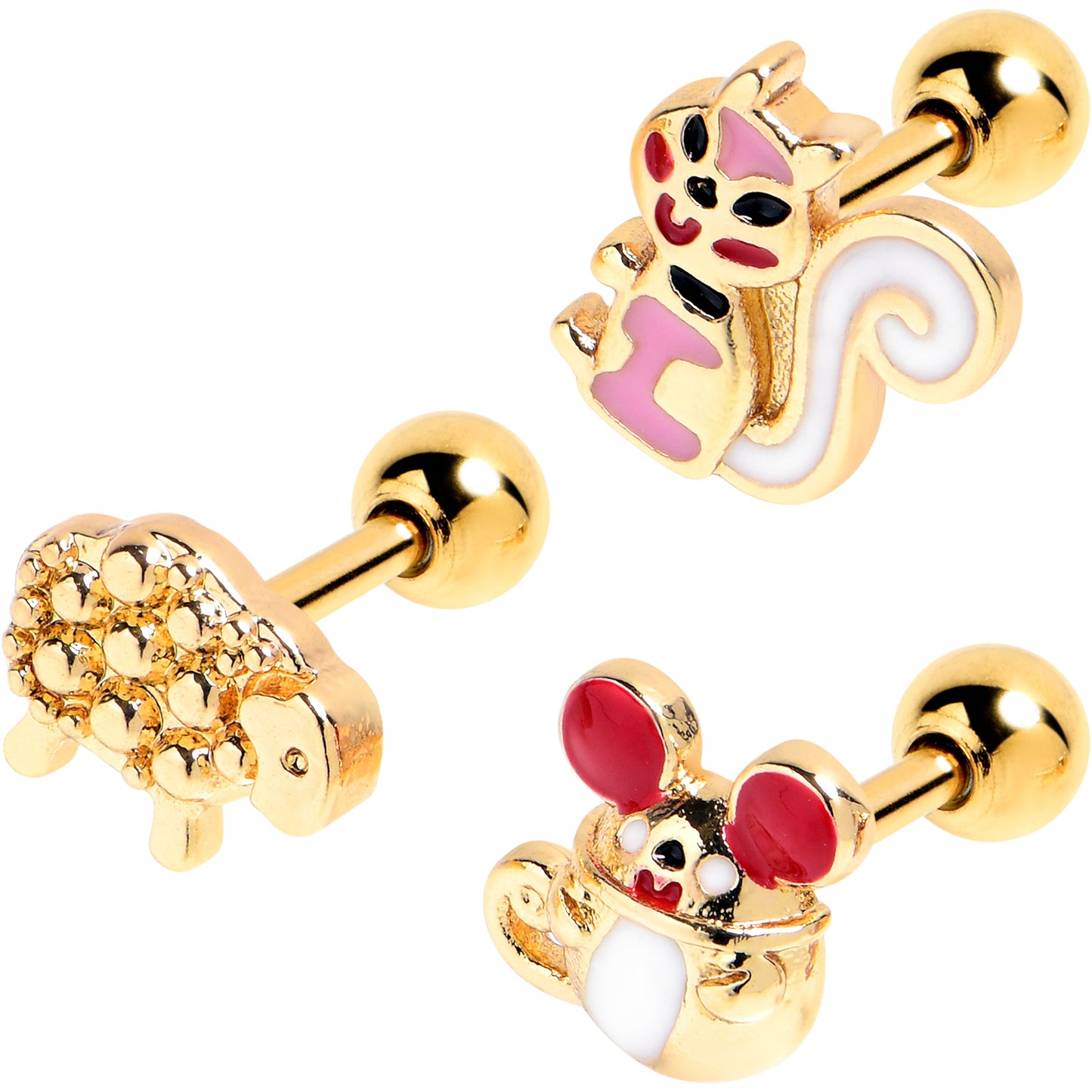 16G 1/4 Gold Tone Pretty Critters Cartilage Tragus Earring Set of 3