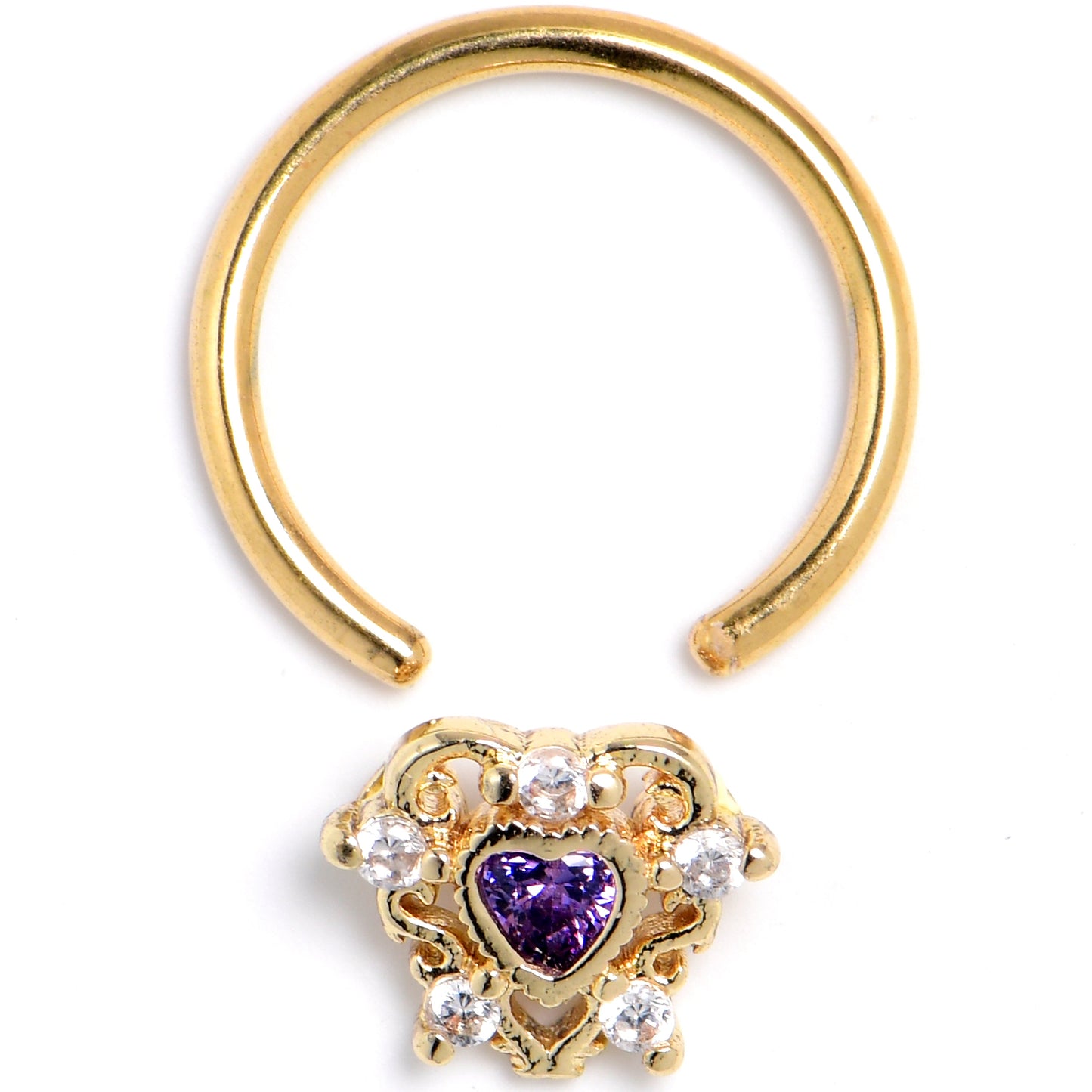 16G Purple CZ Gem Gold Tone Heart of Love BCR Captive Ring