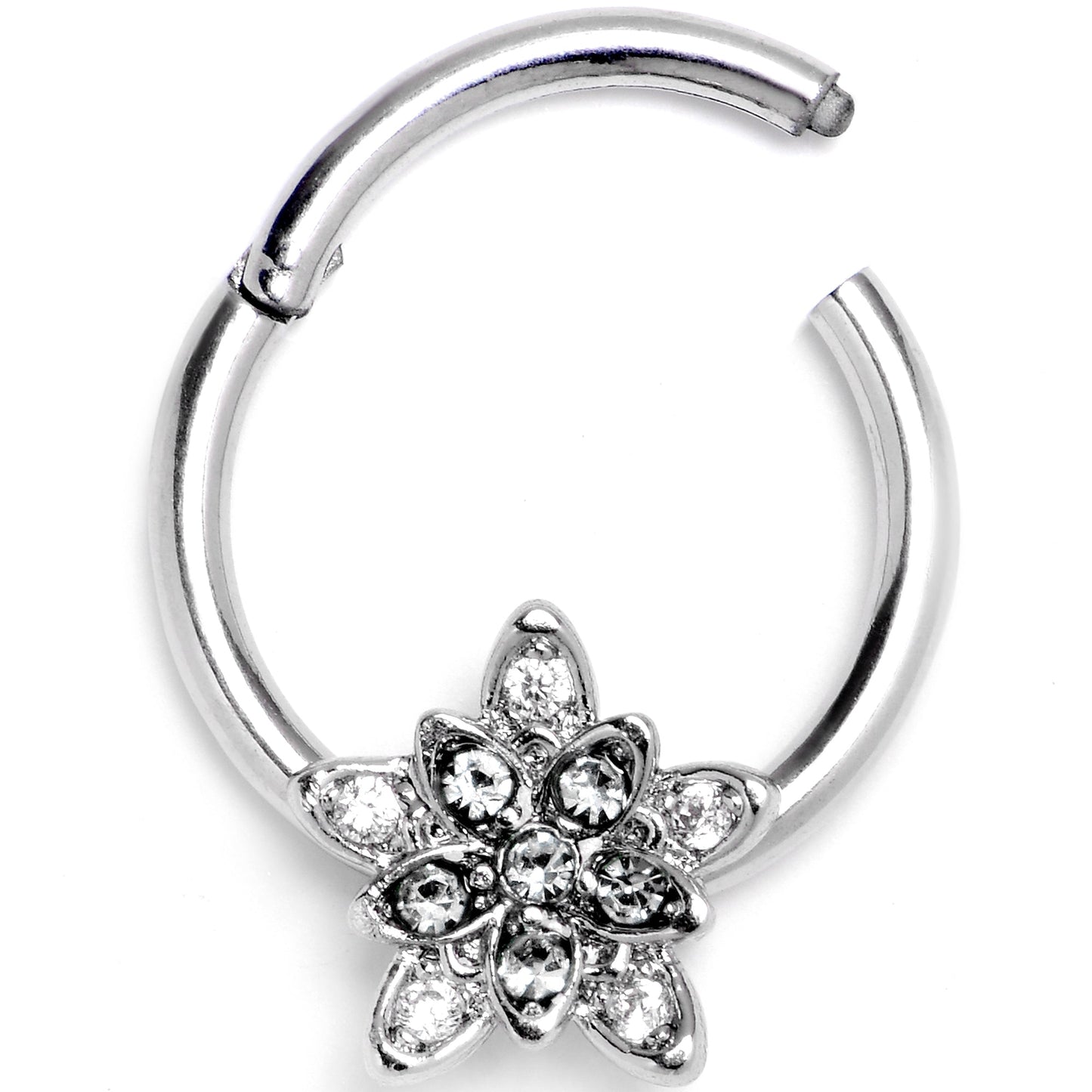 16G 3/8 Clear CZ Gem Snowflake Flower Hinged Segment Ring