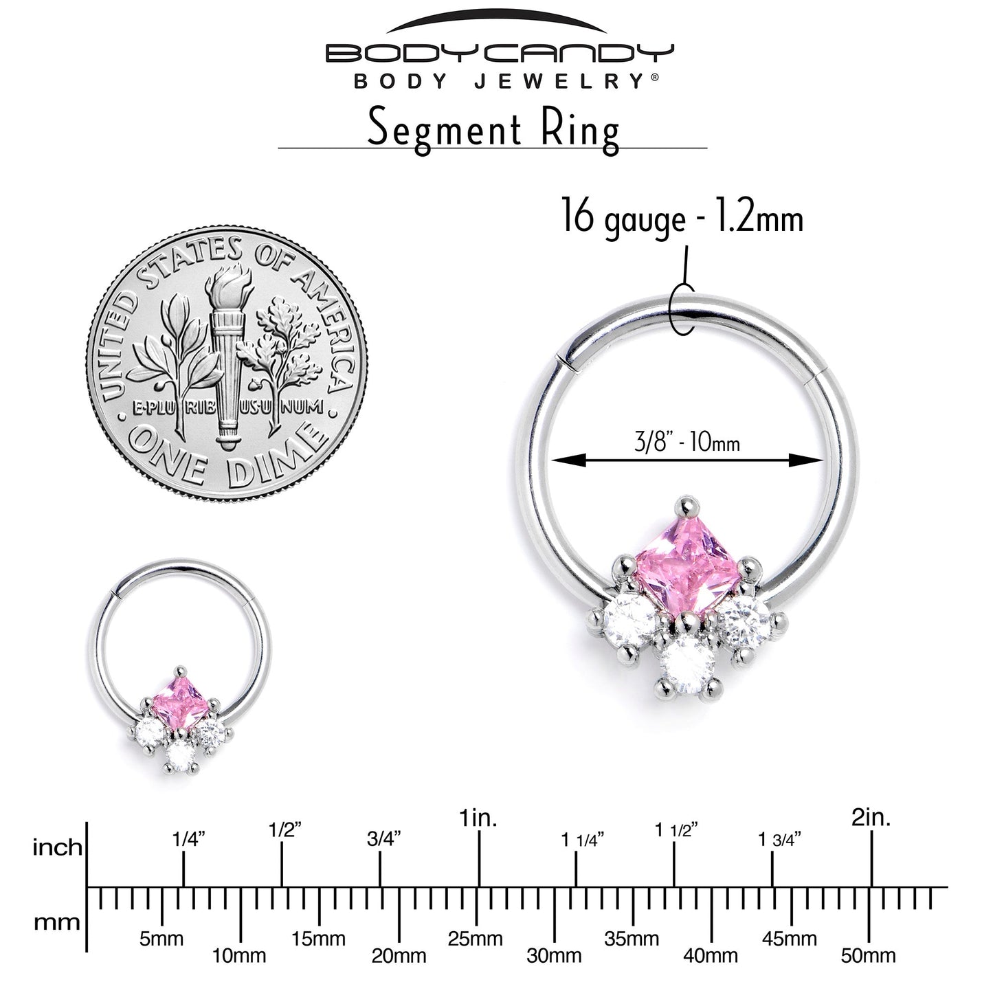 16G 3/8 Pink Clear CZ Gem Rhombus Riot Hinged Segment Ring