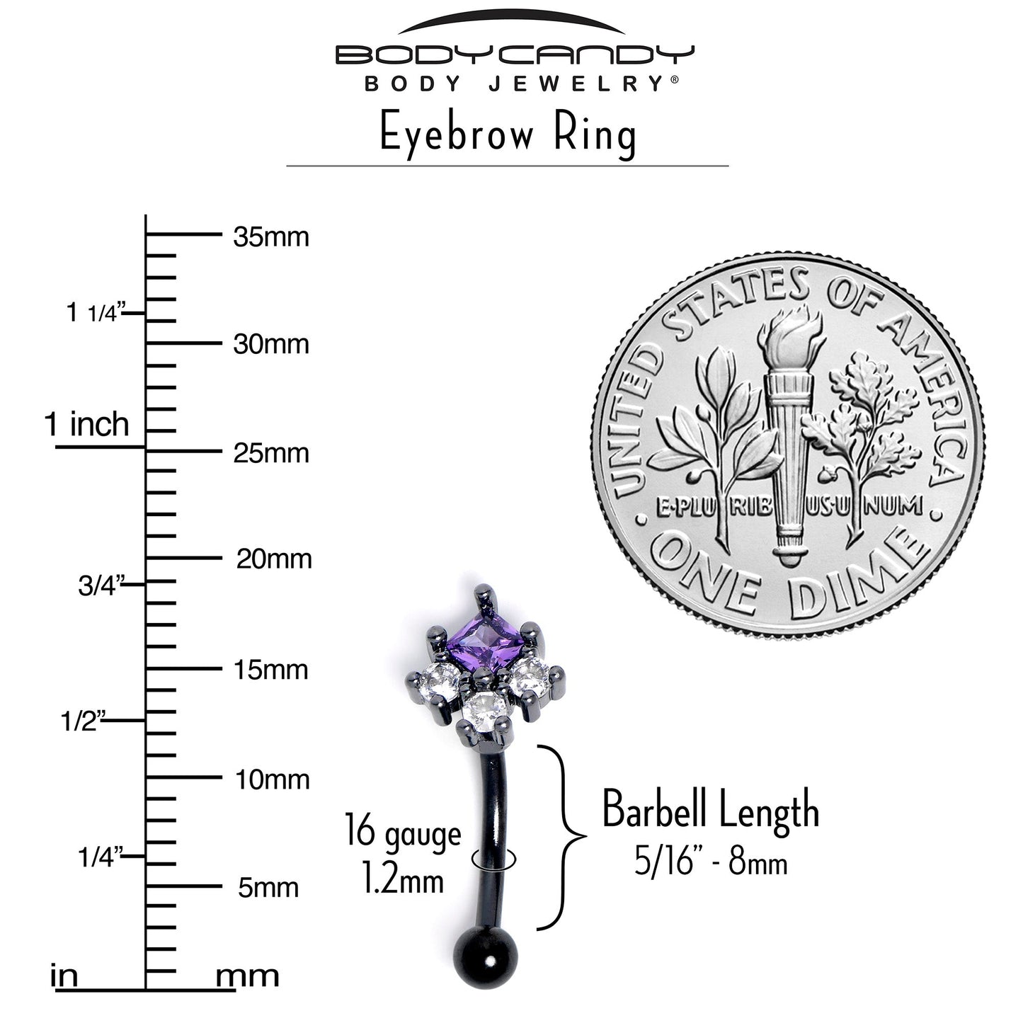 16G 5/15 Clear Purple CZ Gem Black Rhombus Riot Curved Eyebrow Ring