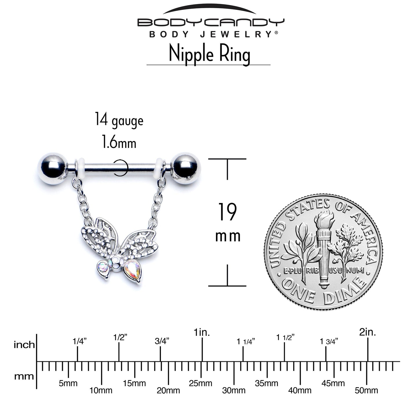 14G 9/16 Aurora CZ Gem Ultra Drama Butterfly Dangle Nipple Ring Set