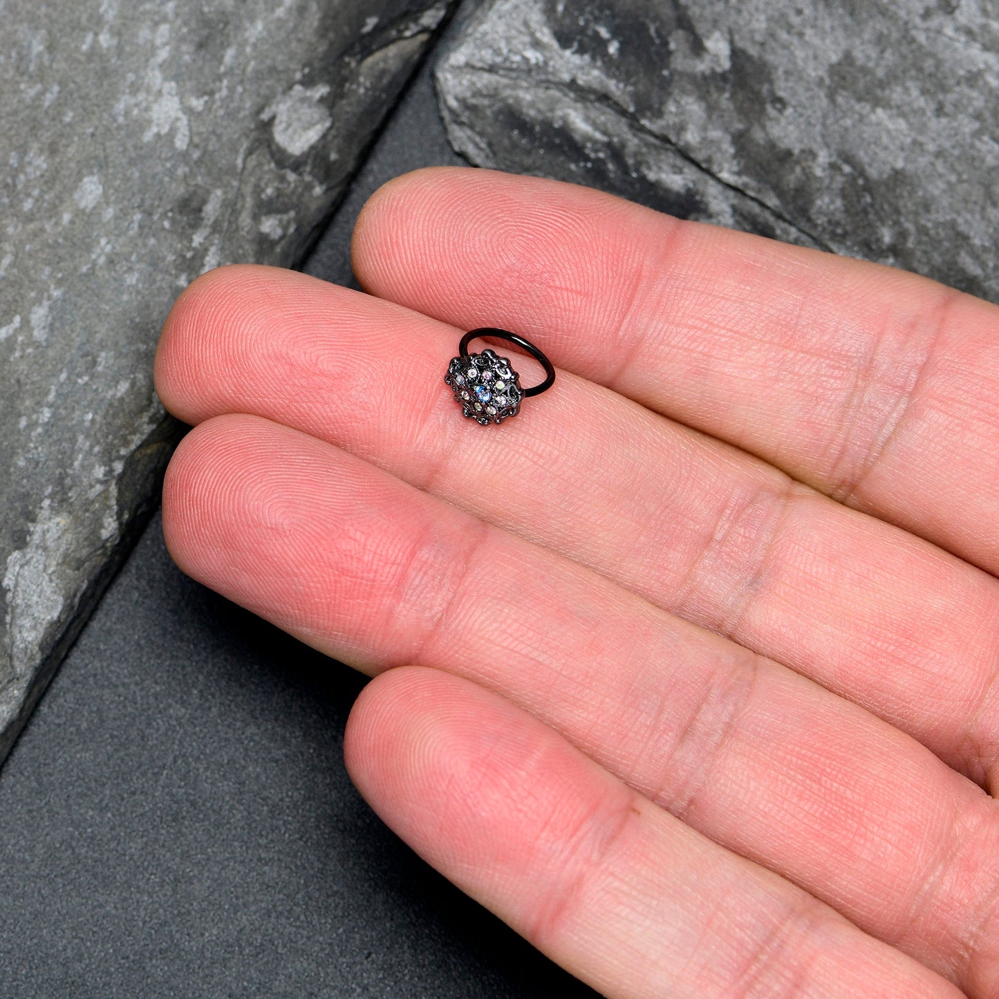 20G 5/16 Blue Aurora Gem Black Night Blossom Nose Hoop