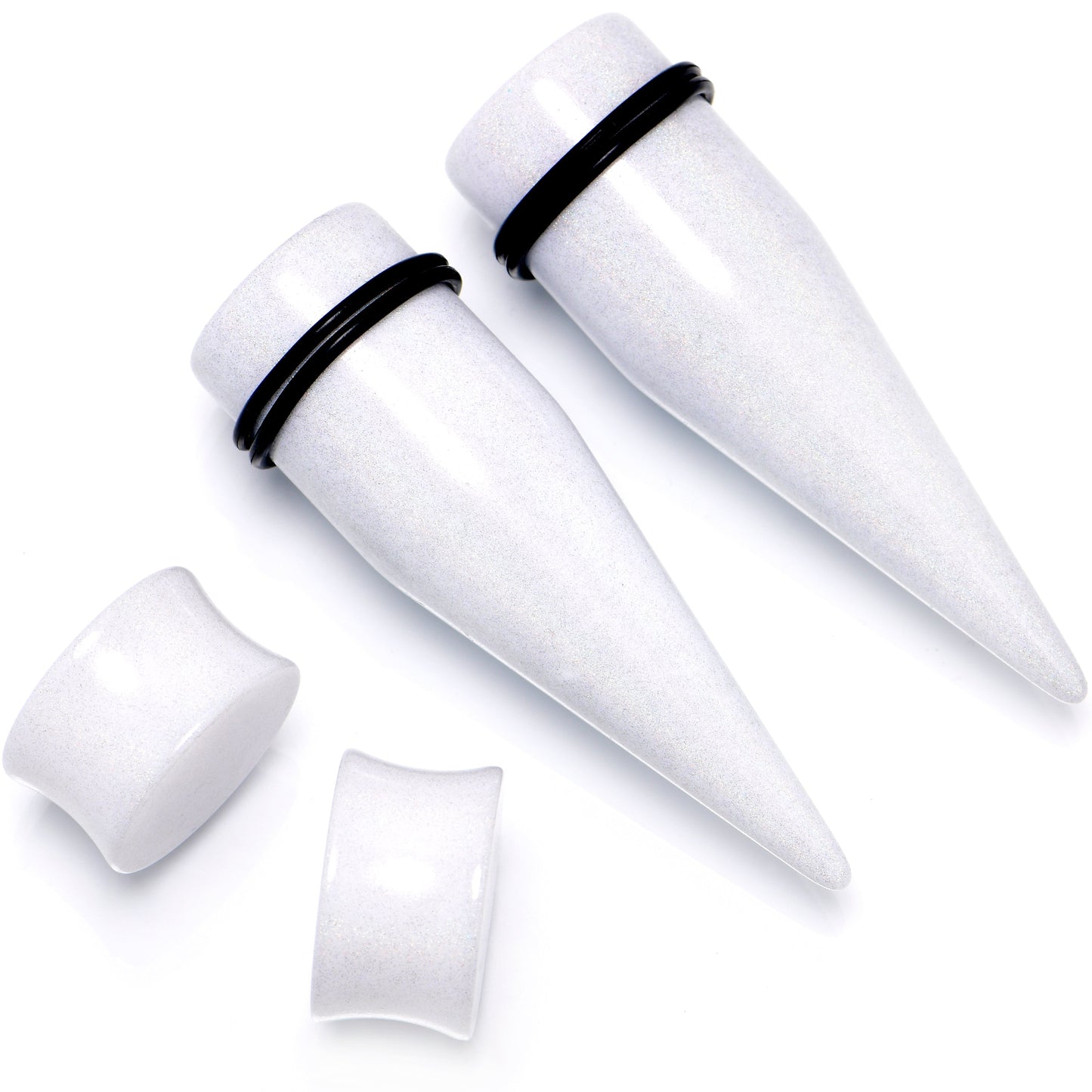 White Acrylic Shimmer Finish Taper Plug Set 6mm to 20mm Sizes