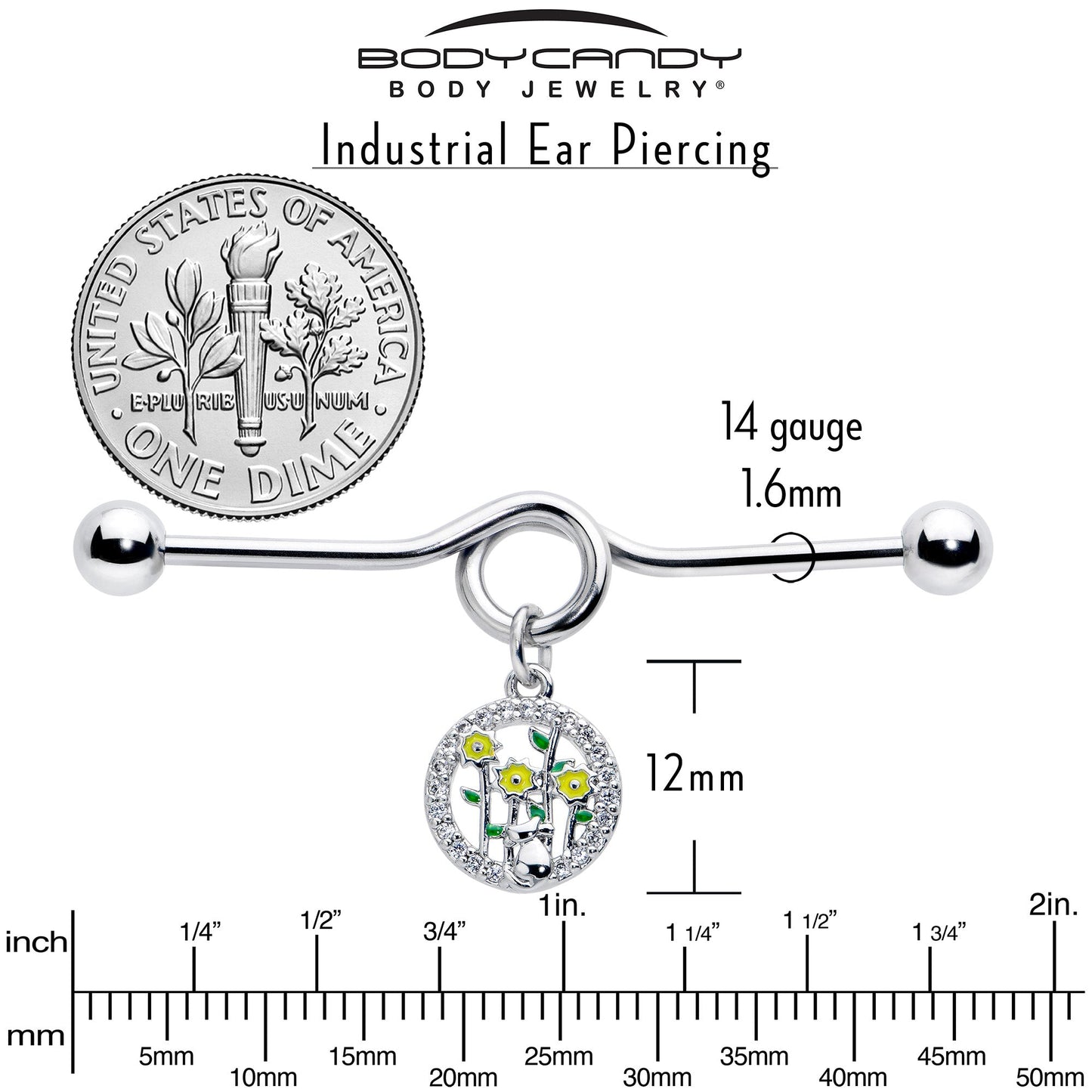 14G Clear Gem Cat Yellow Flowers Dangle Project Bar 38mm