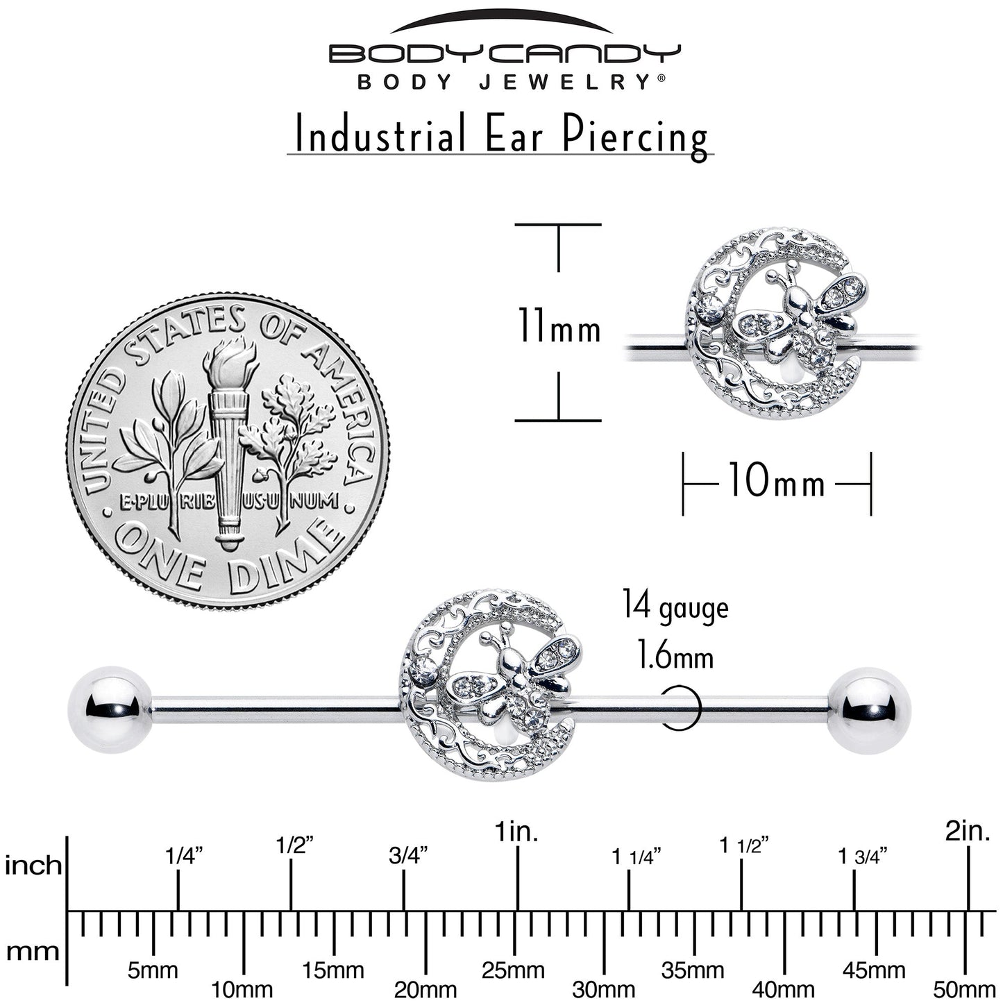 14G Clear Gem Lunar Dragonfly Industrial Barbell 38mm