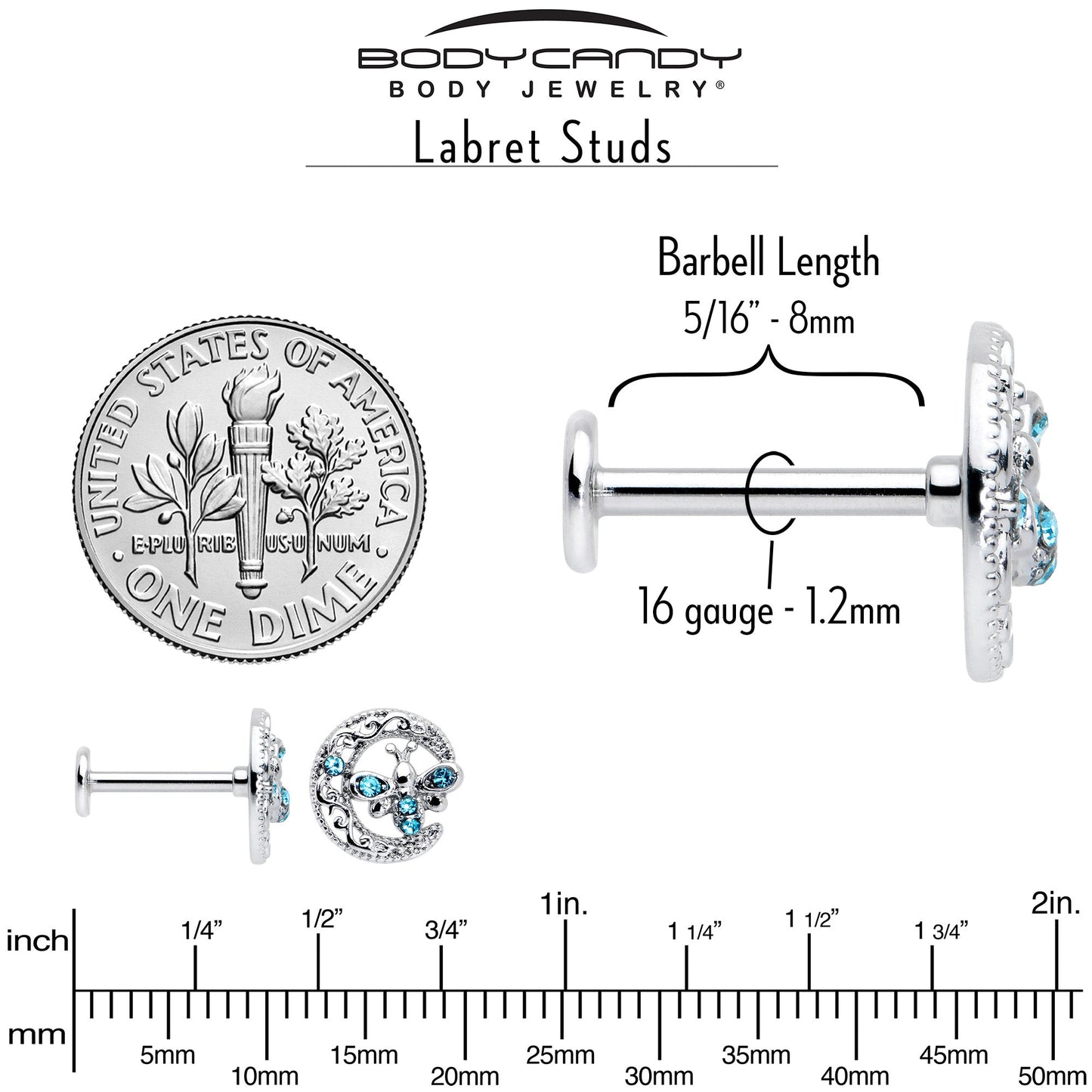 16G 5/16 Blue Gem Lunar Dragonfly Internally Threaded Labret Tragus