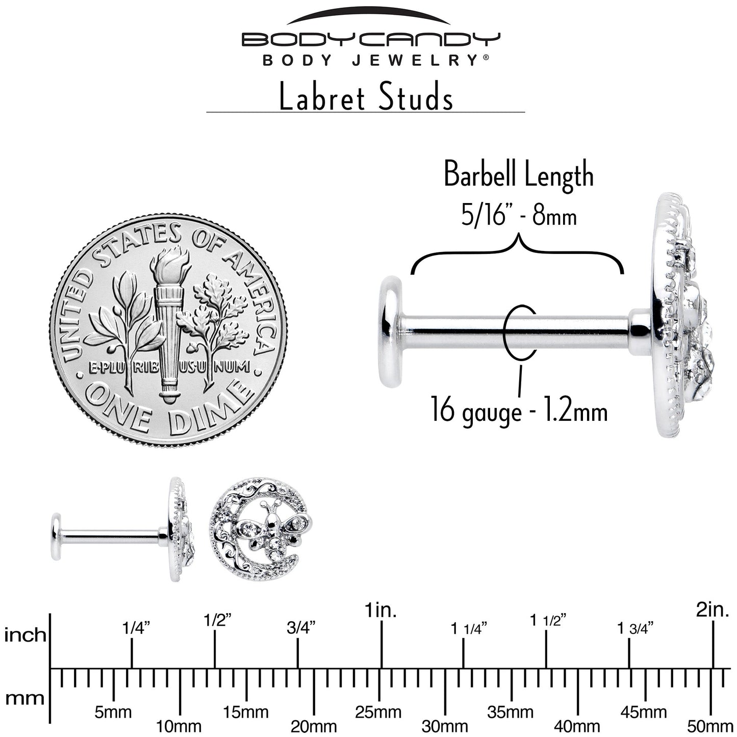 16G 5/16 Clear Gem Lunar Dragonfly Internally Threaded Labret Tragus