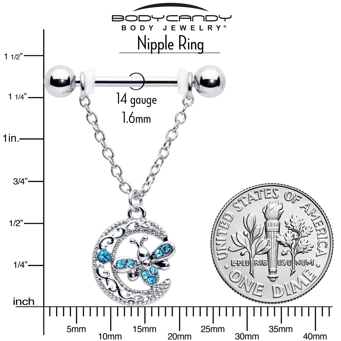 14G 9/16 Blue Gem Lunar Dragonfly Chain Dangle Nipple Ring Set