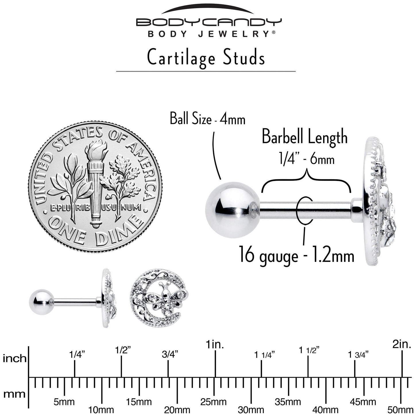 16G 1/4 Clear Gem Lunar Dragonfly Cartilage Tragus Earring