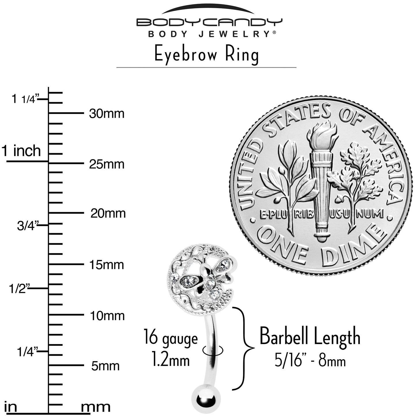 16G 5/16 Clear Gem Lunar Dragonfly Curved Eyebrow Ring