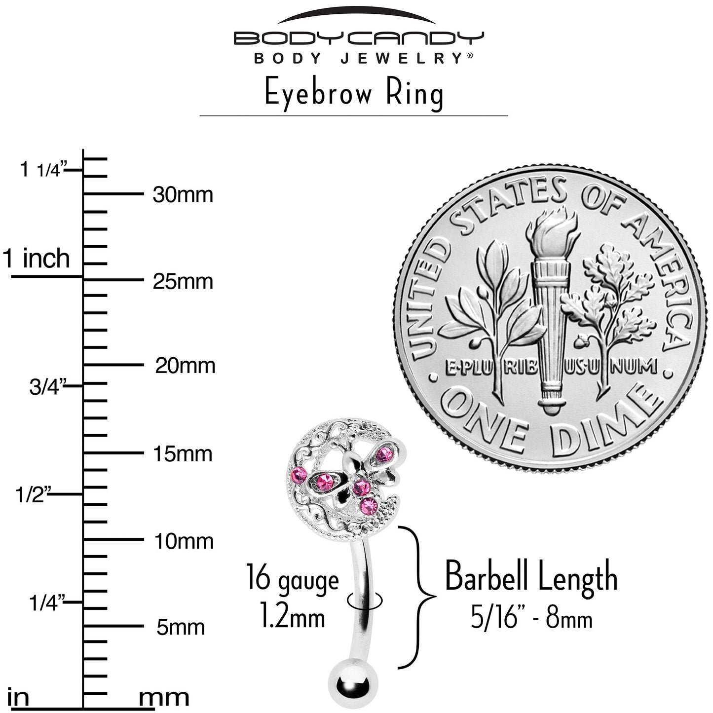 16G 5/16 Pink Gem Lunar Dragonfly Curved Eyebrow Ring