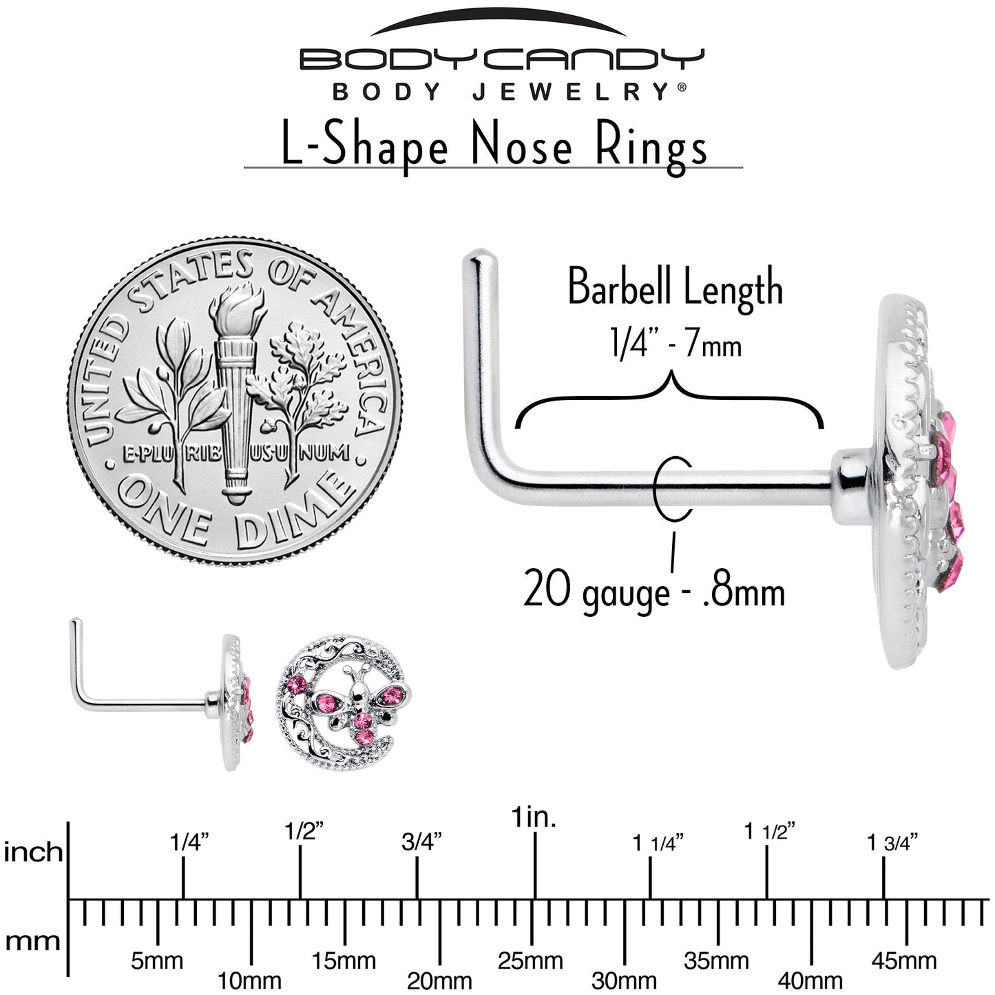 20G 7mm Pink Gem Lunar Dragonfly L Shape Nose Ring