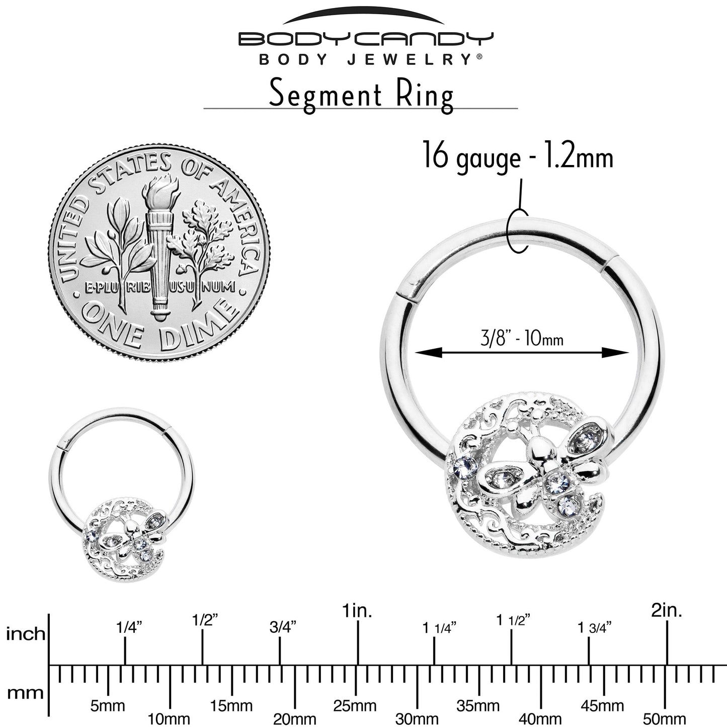 16G 3/8 Clear Gem Lunar Dragonfly Hinged Segment Ring