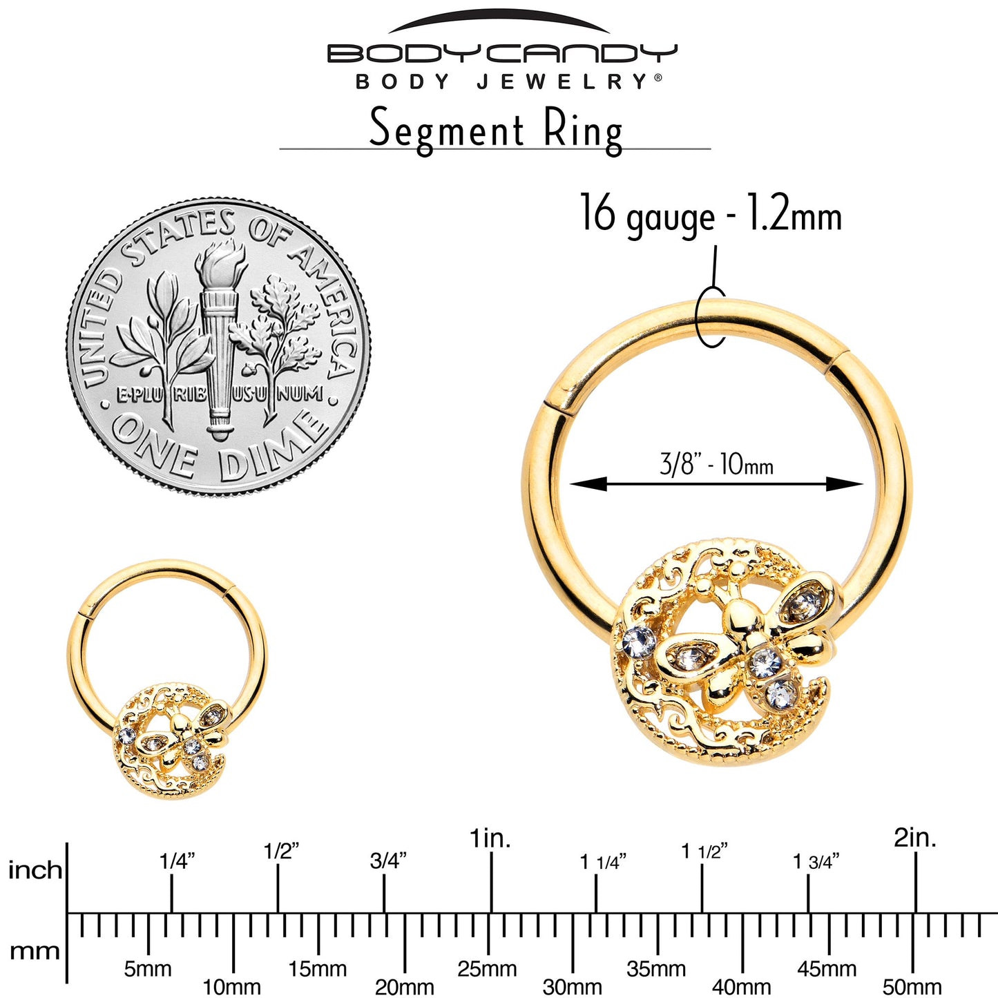 16G 3/8 Clear Gem Gold Tone Lunar Dragonfly Hinged Segment Ring