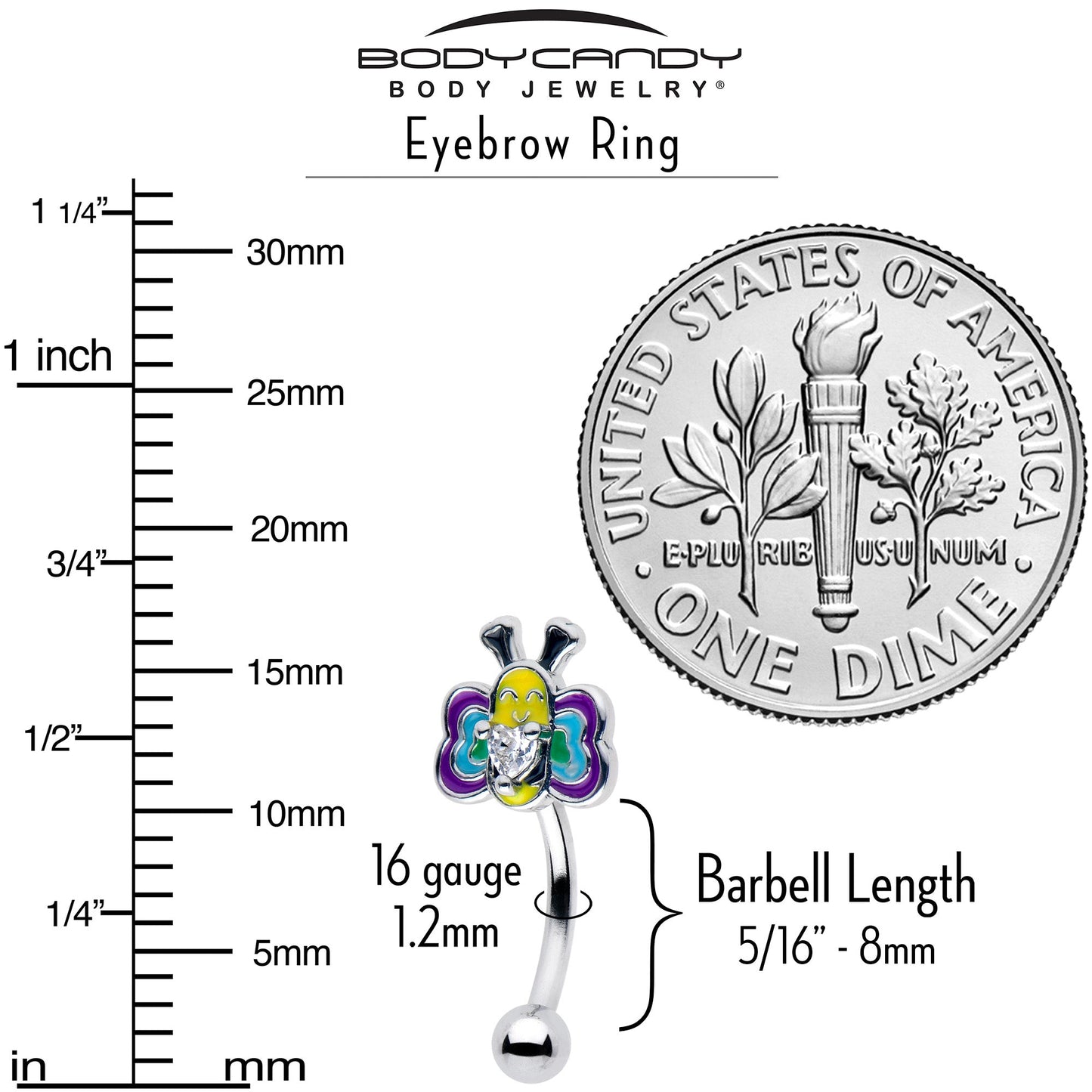 16G 5/16 Clear CZ Gem Butterfly Love Bug Curved Eyebrow Ring