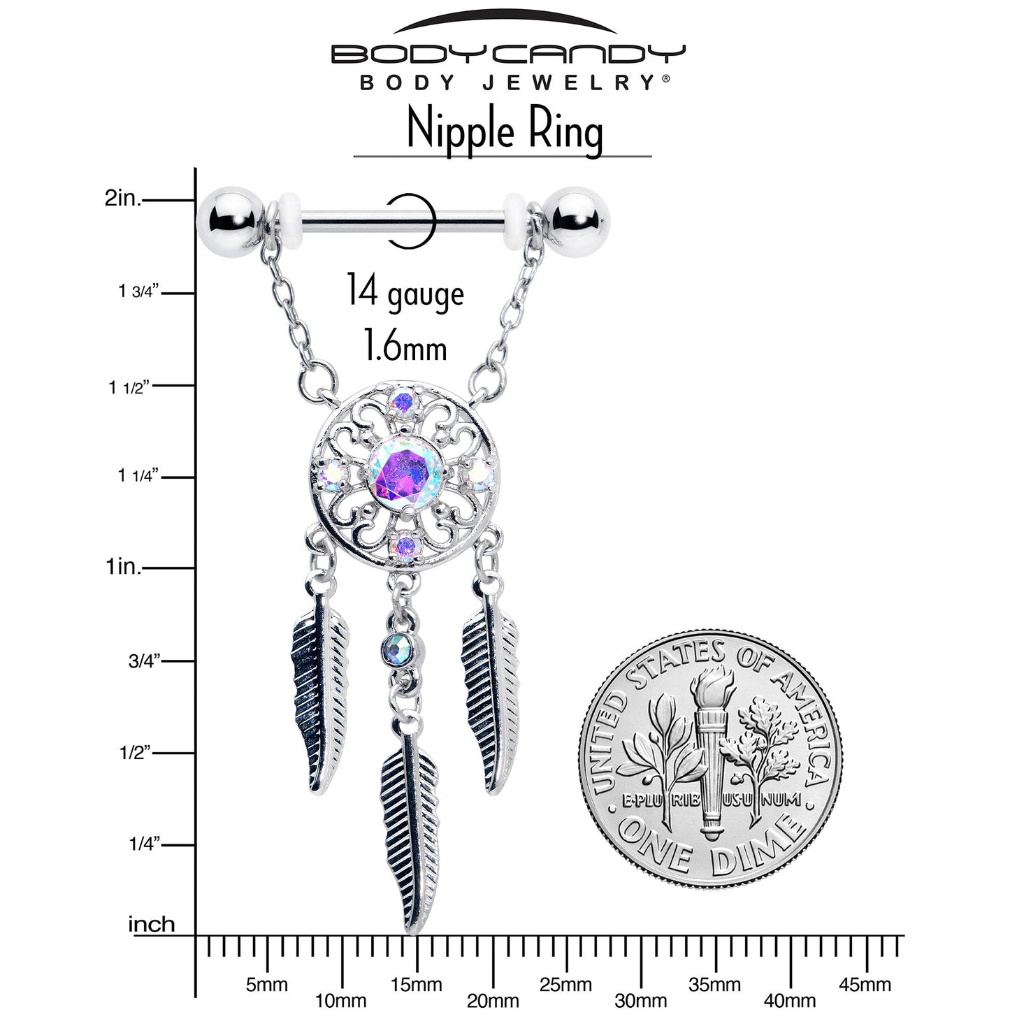 14G 9/16 Aurora CZ Gem Dreamcatcher Dangle Nipple Ring Set