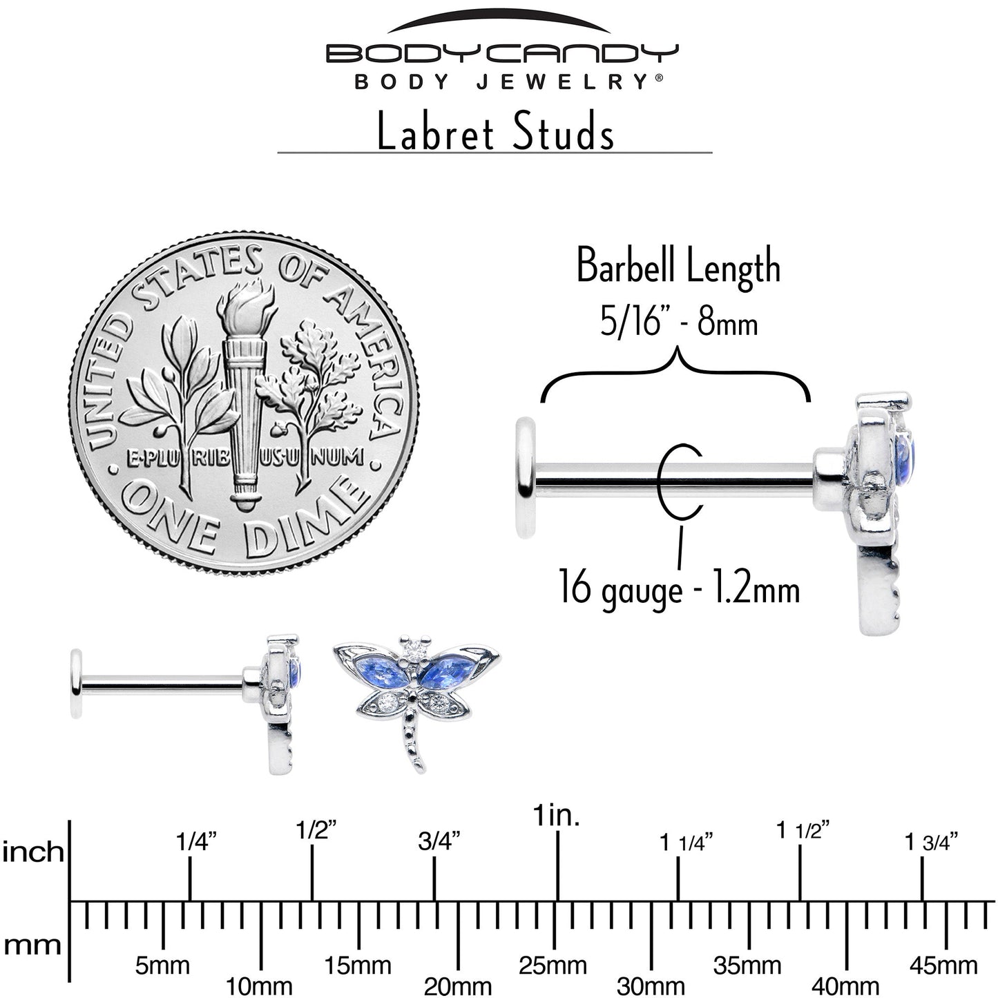 16G 5/16 Blue CZ Gem Dragonfly Style Labret Monroe Tragus