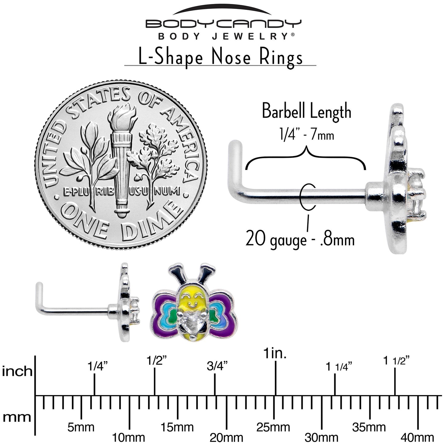20G 7mm Clear CZ Gem Butterfly Love Bug L Shape Nose Ring