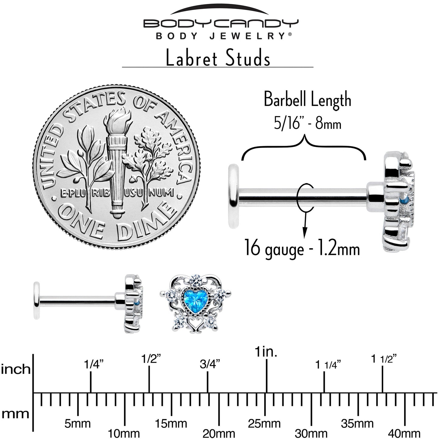 16G 5/16 Blue Clear CZ Gem Heart Pair Labret Monroe Tragus