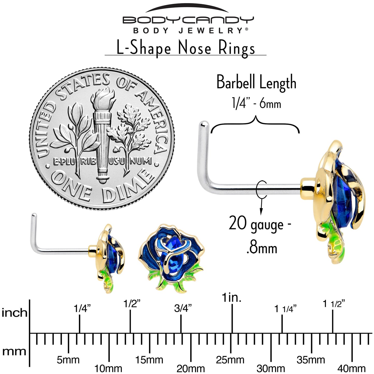 20G 7mm Deep Blue Flower L Shape Nose Ring