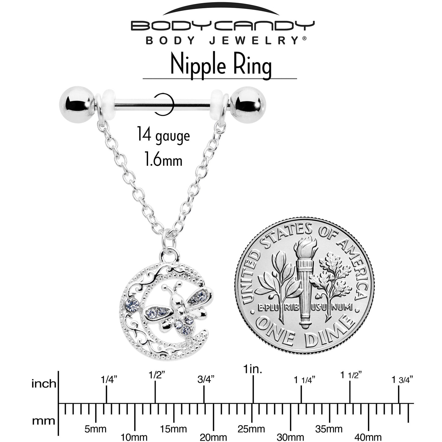 14G 9/16 Clear Gem Lunar Dragonfly Chain Dangle Nipple Ring Set