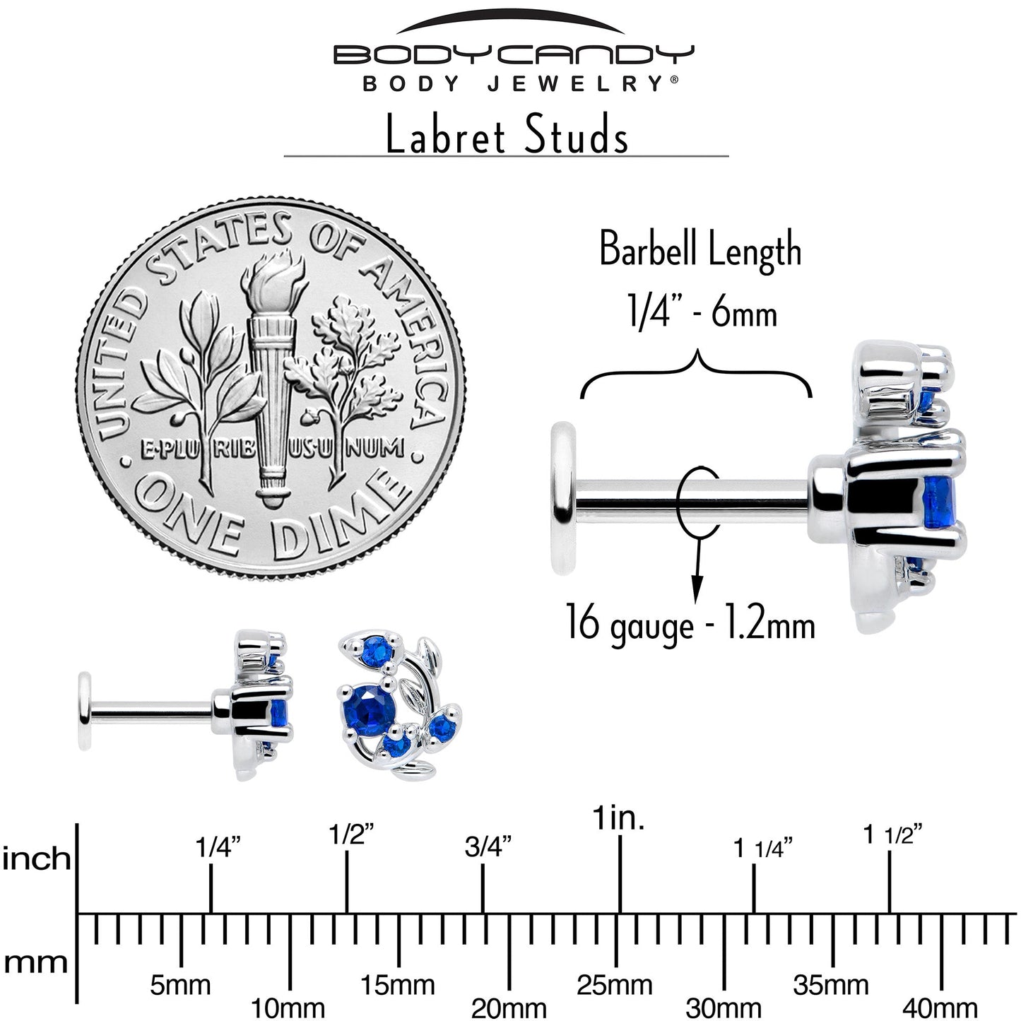 16G 1/4 Blue Gem Twining Vine Flatback Stud